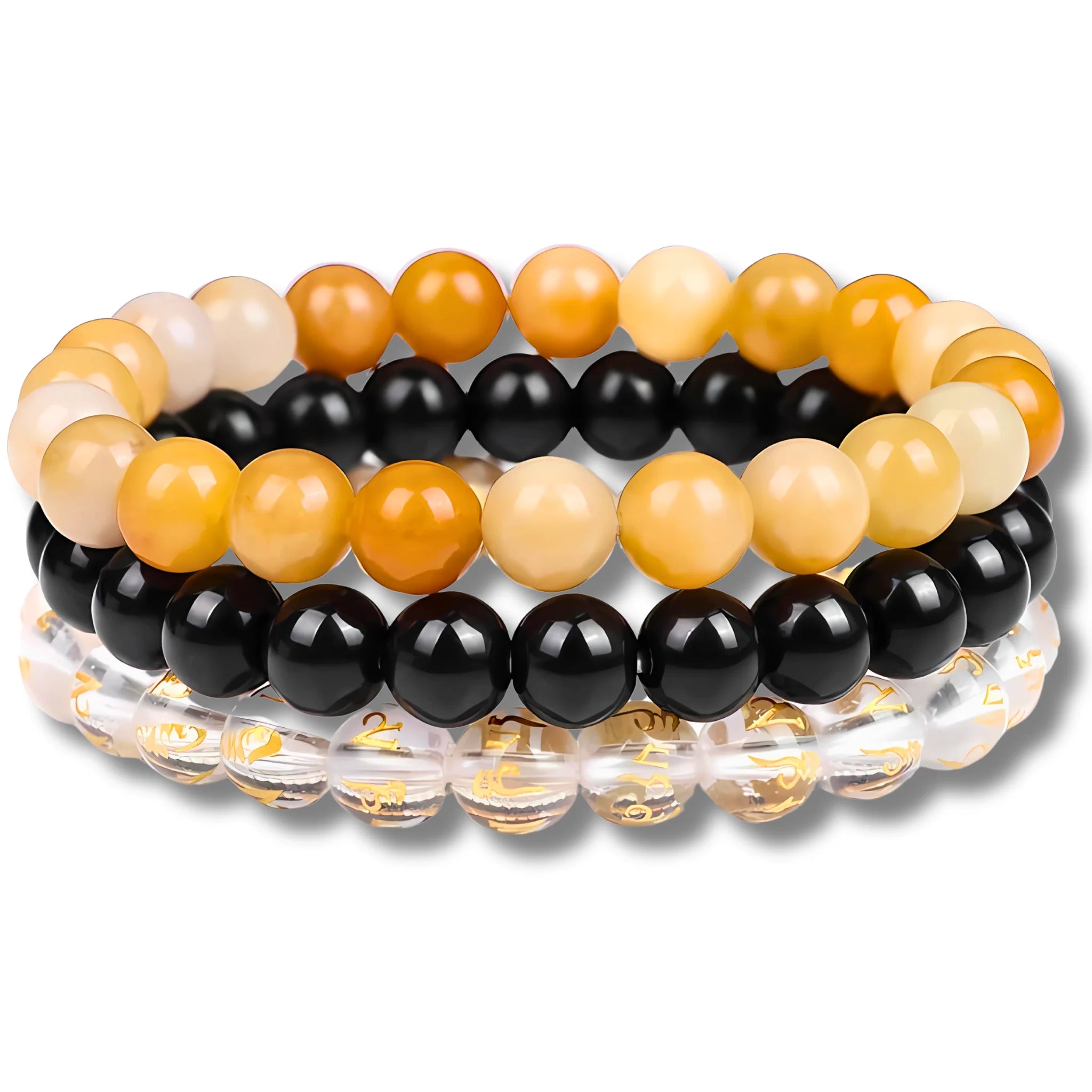 Abundance intention bracelet stack featuring yellow aventurine, black onyx, and motto glass beads for prosperity and positivity.