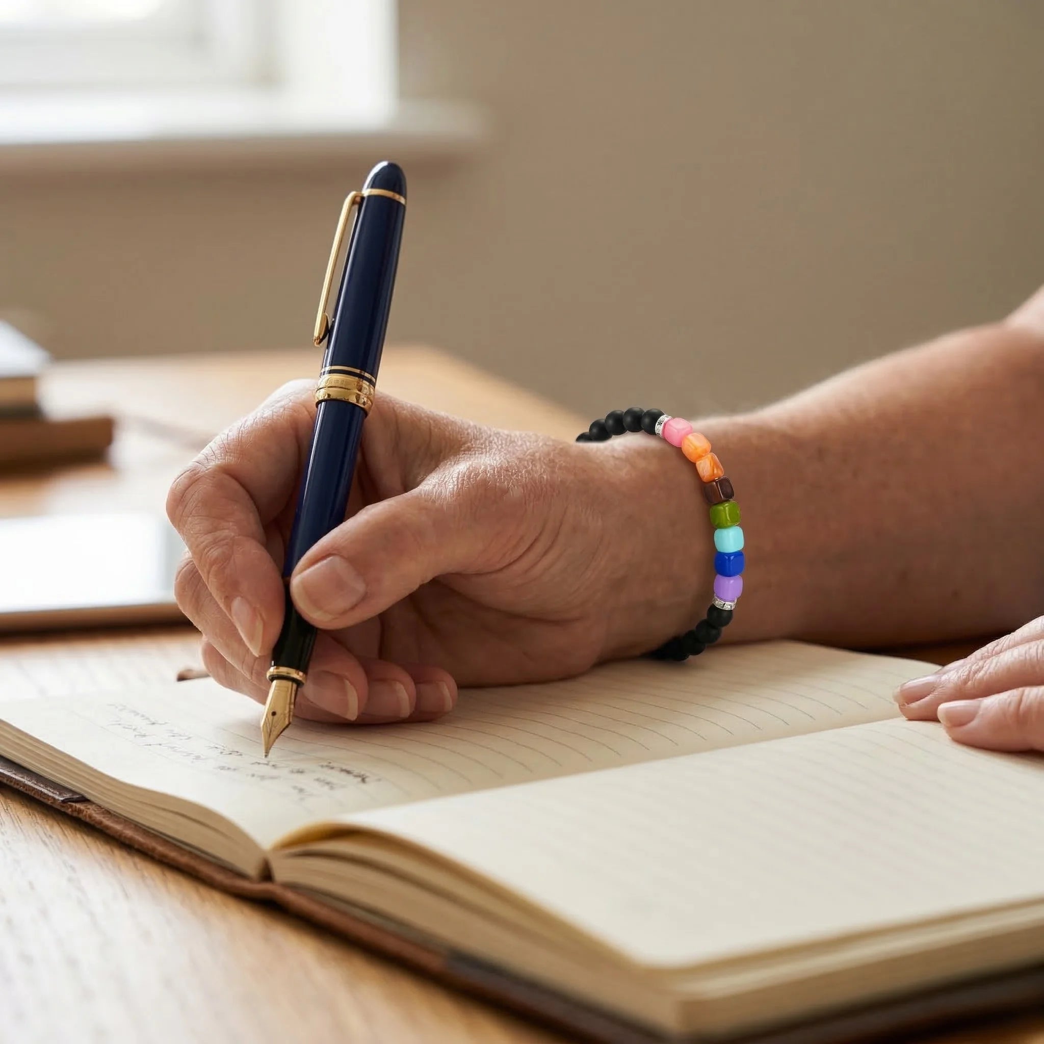 Hand holding a pen over an open notebook with a blurred background