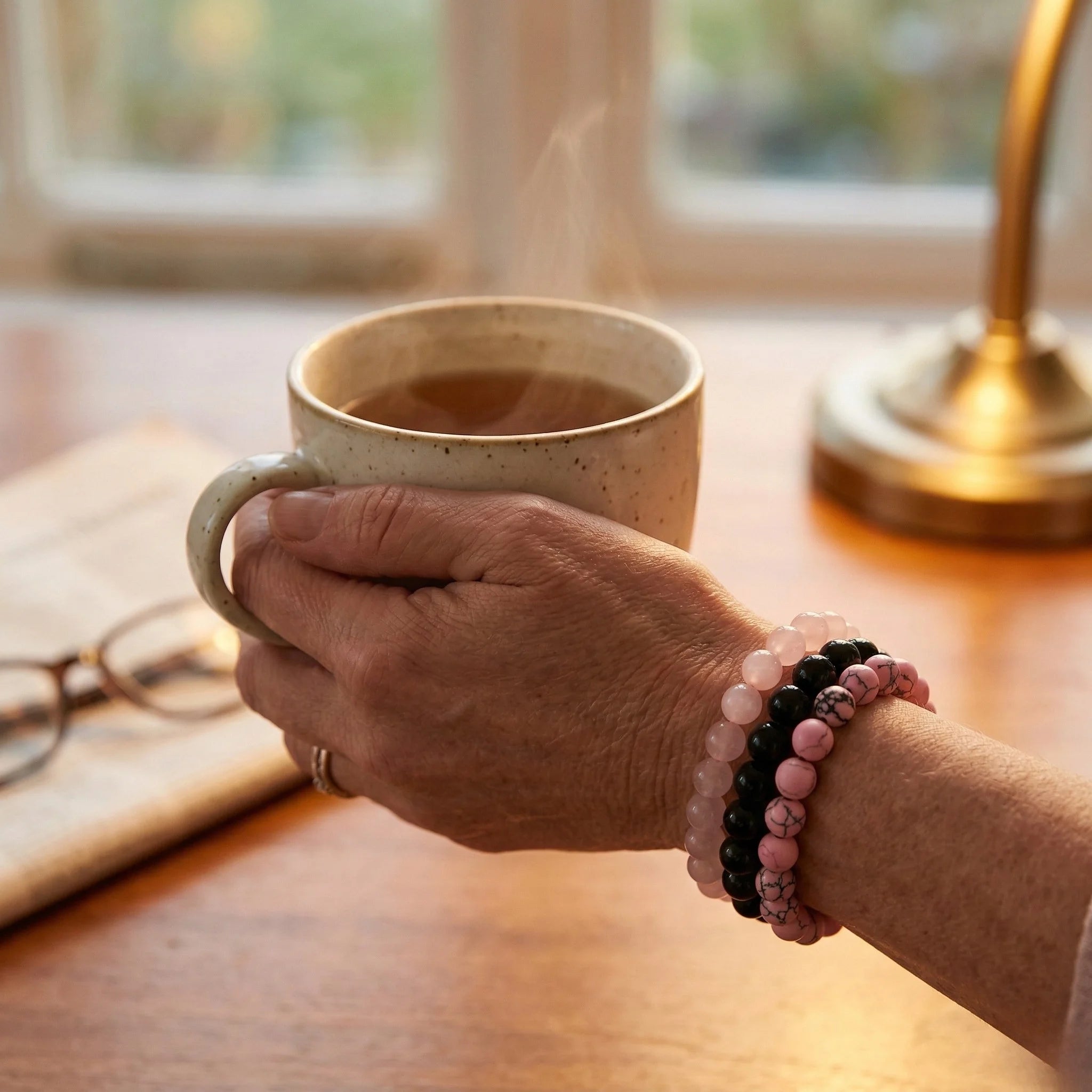 Hand holding a mug of coffee on a wooden table with a blurred background
