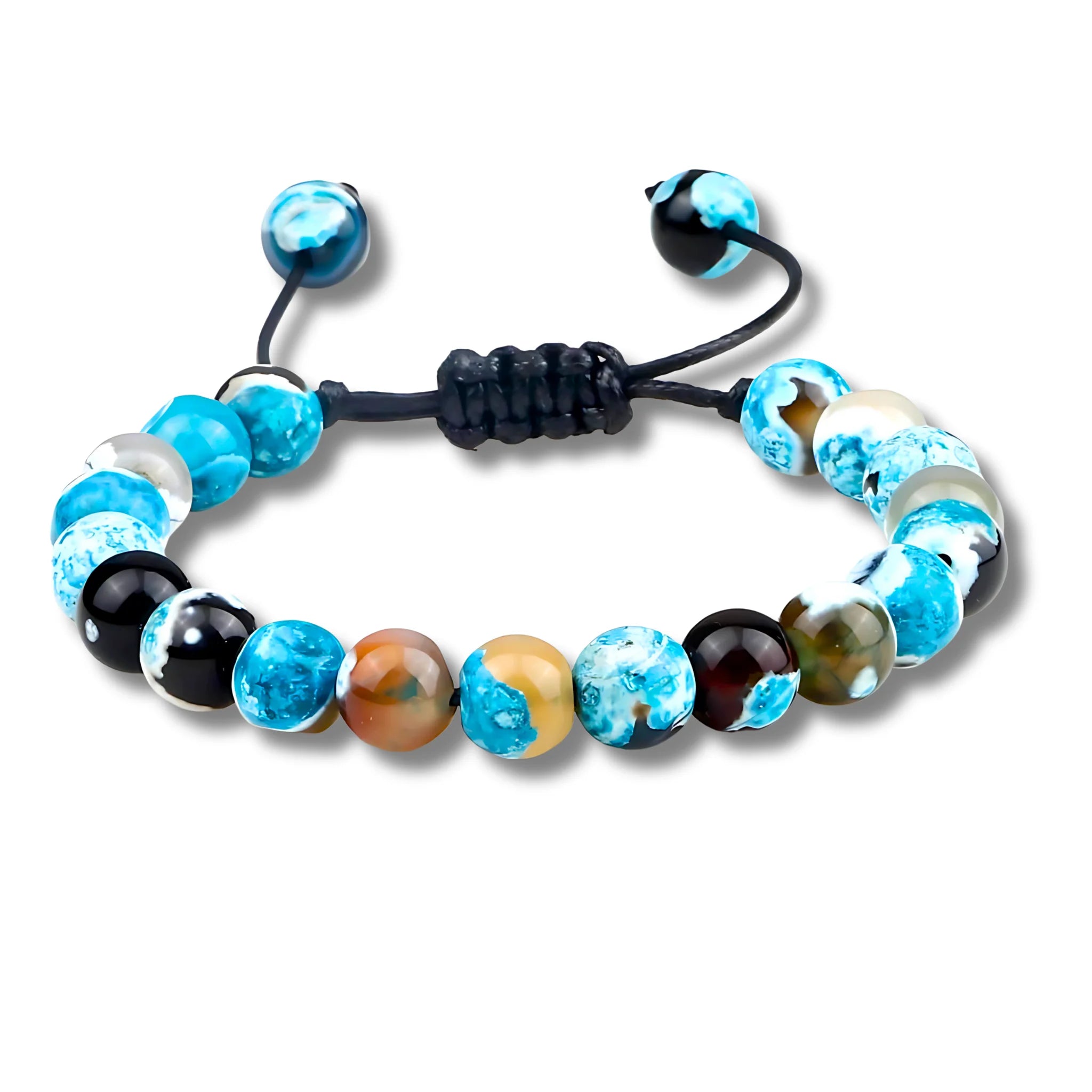 Adjustable balance bracelet featuring blue chalcedony beads and braided cord for a calm, soothing look.