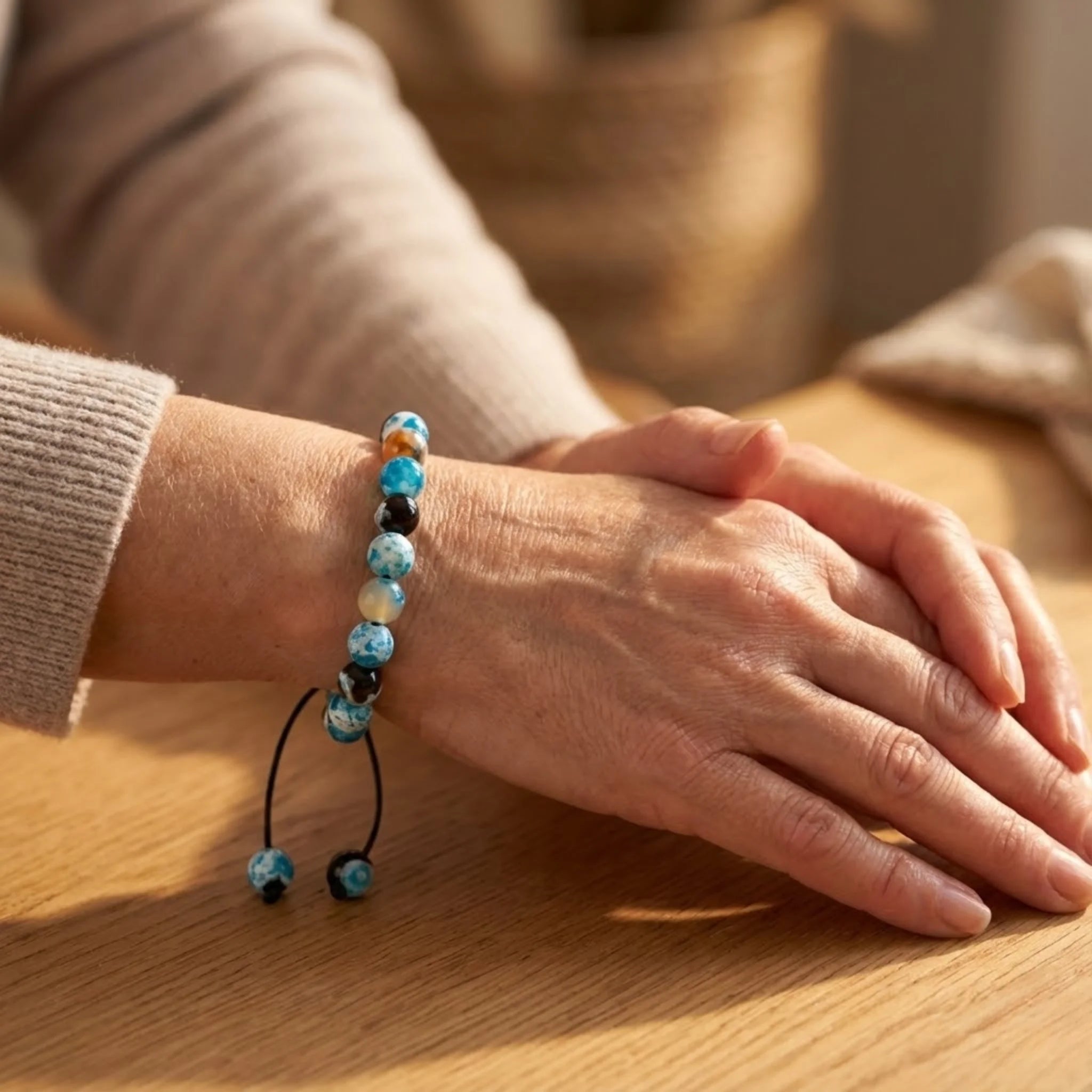 Hand wearing a beaded Adjustable balance bracelet featuring blue chalcedony beads and braided cord for a calm, soothing look bracelet on a wooden surface