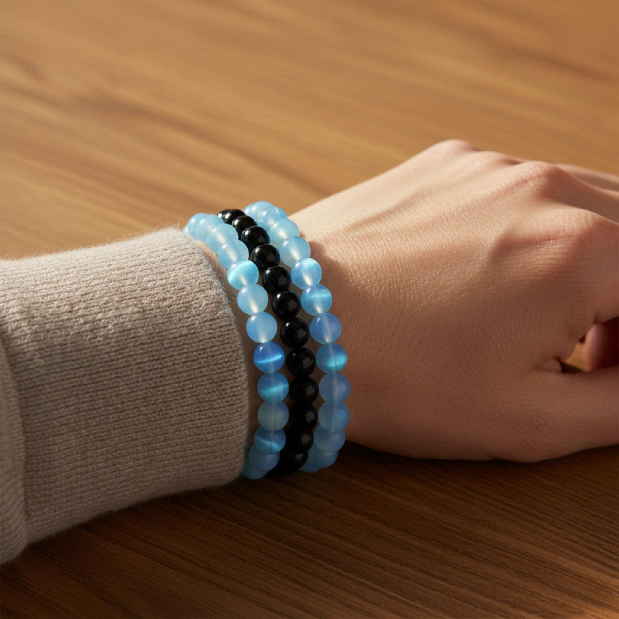 Close-up of a wrist wearing two beaded Calming intention bracelet stack featuring blue moonstone, black onyx, and blue chalcedony beads for serenity and balance bracelets on a wooden surface