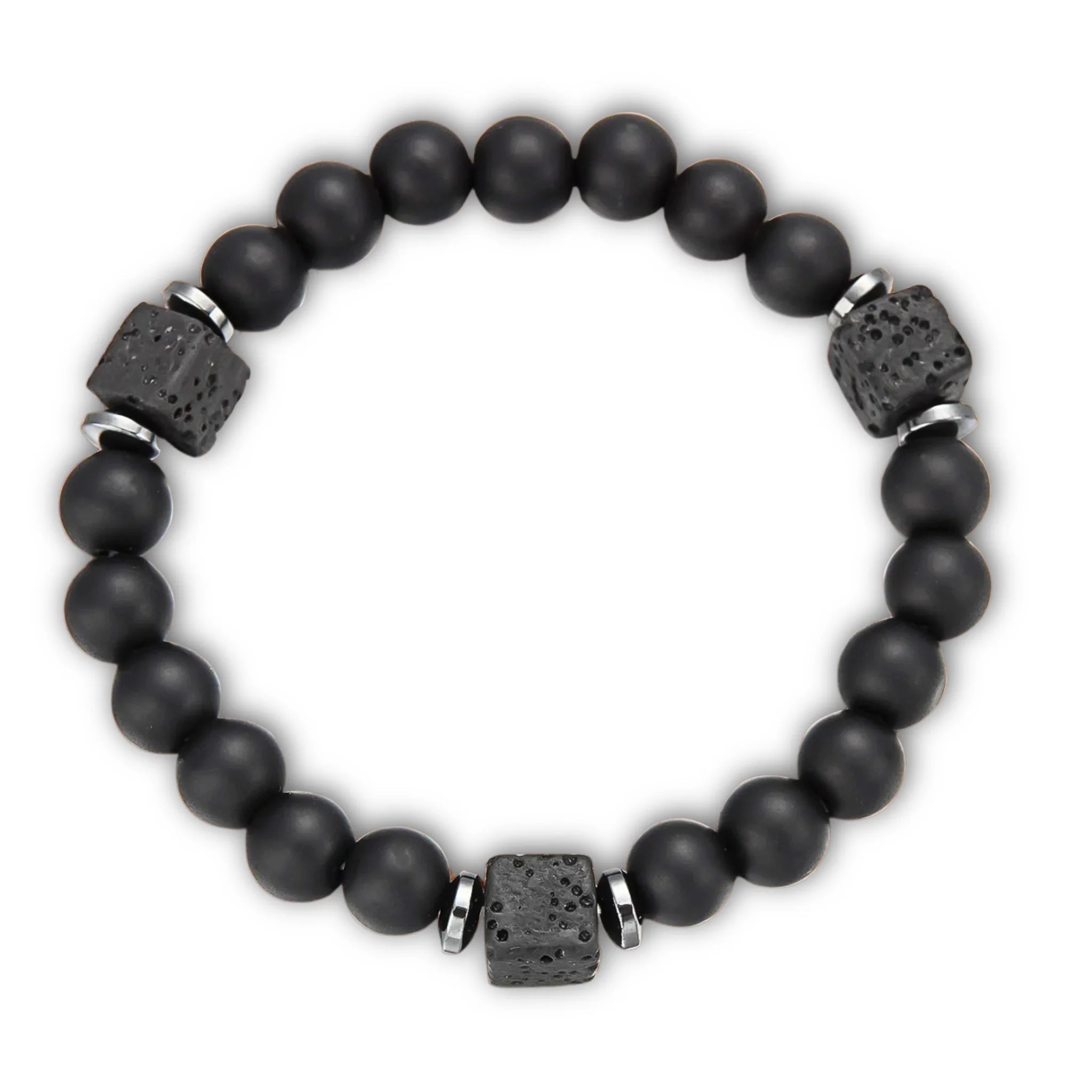 Calm empowerment bracelet with matte black beads on white background.