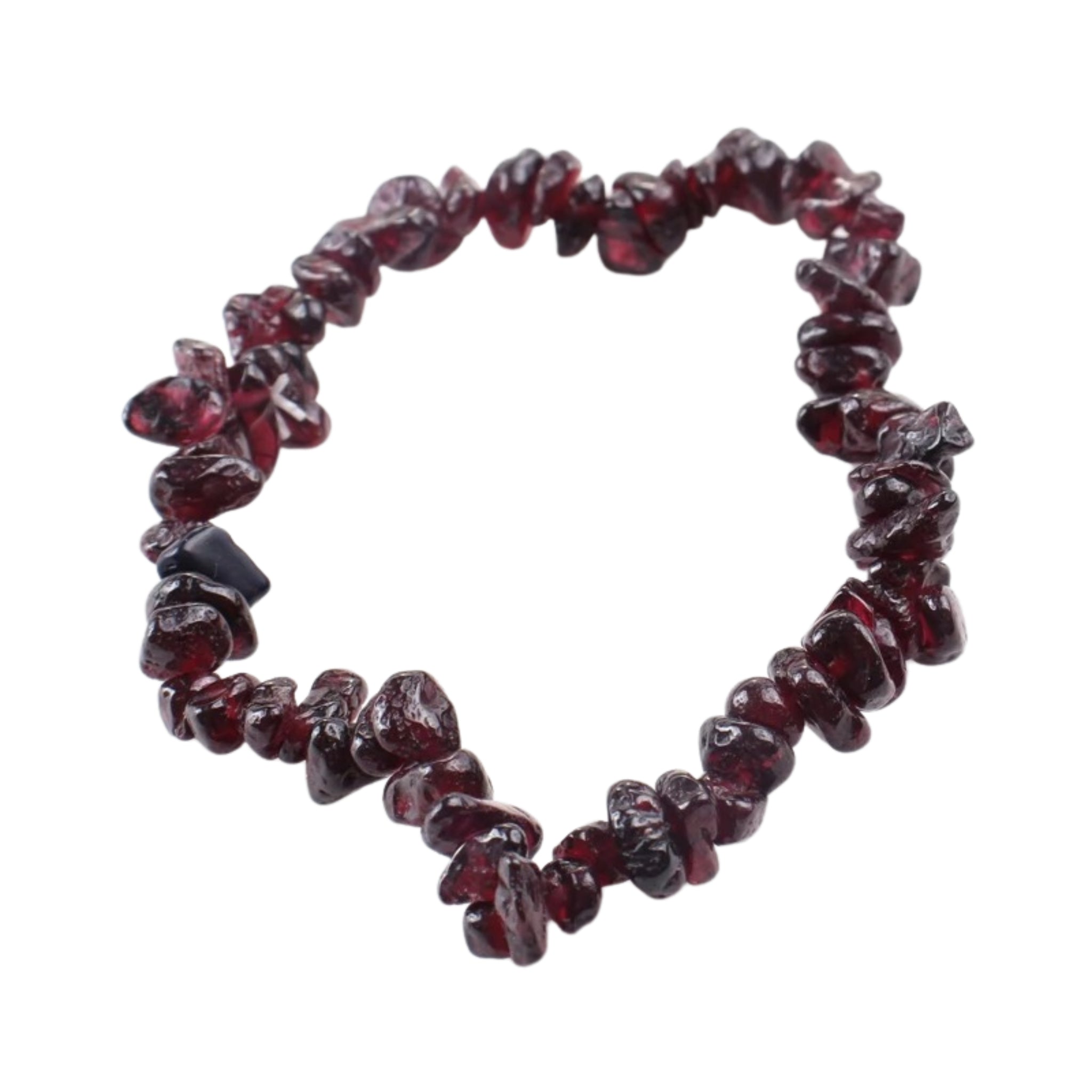 A beaded bracelet made of deep-red garnet gemstones.