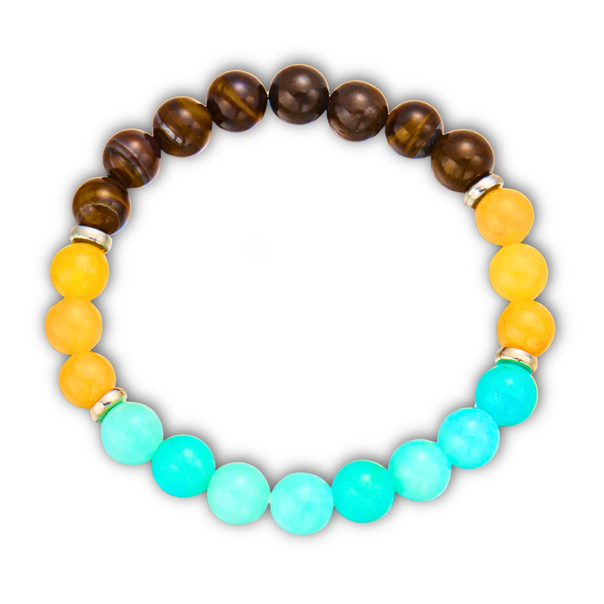 Good Luck empowerment bracelet with multicolor gemstones on white background.