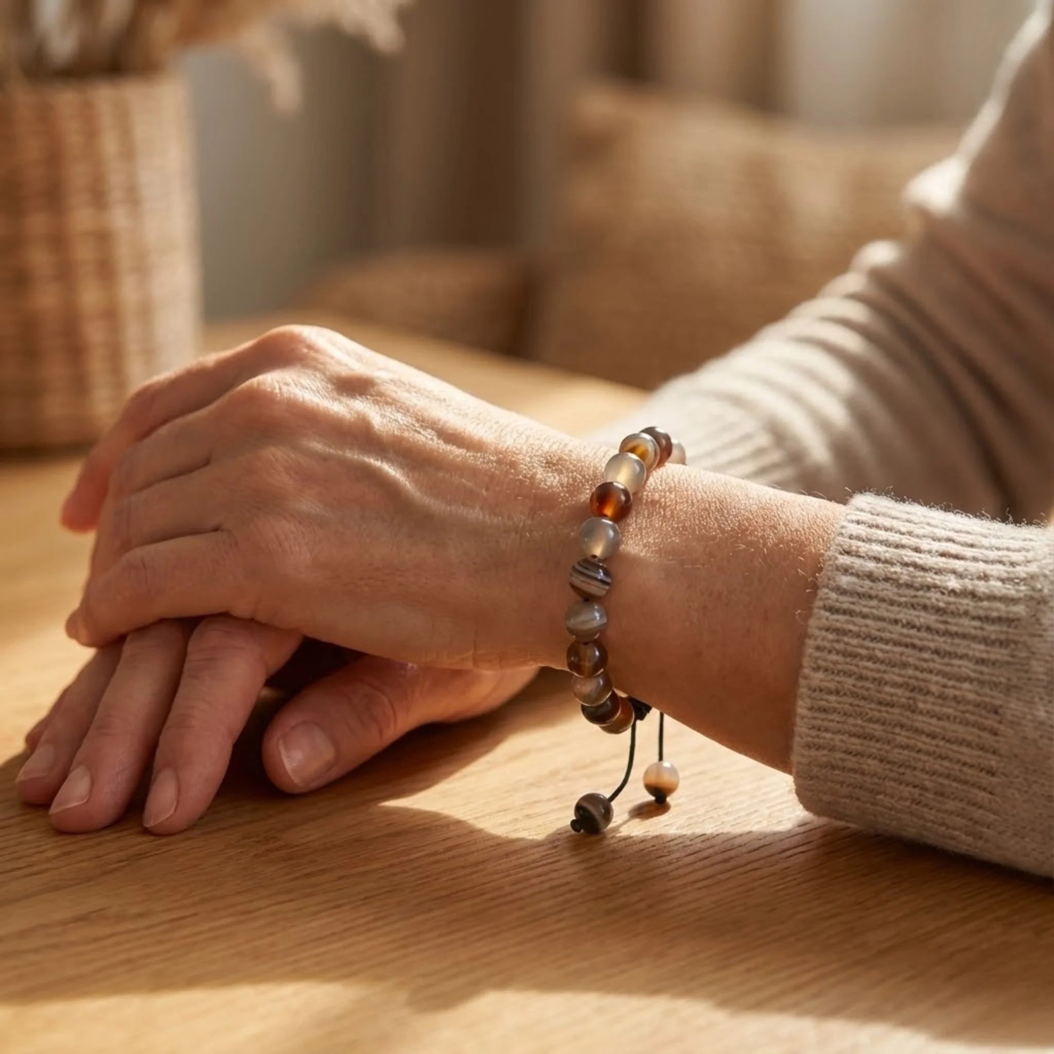 Close-up of hands with a beaded Adjustable balance bracelet made with gray agate beads and braided cord for a grounded, neutral look bracelet on a wooden surface