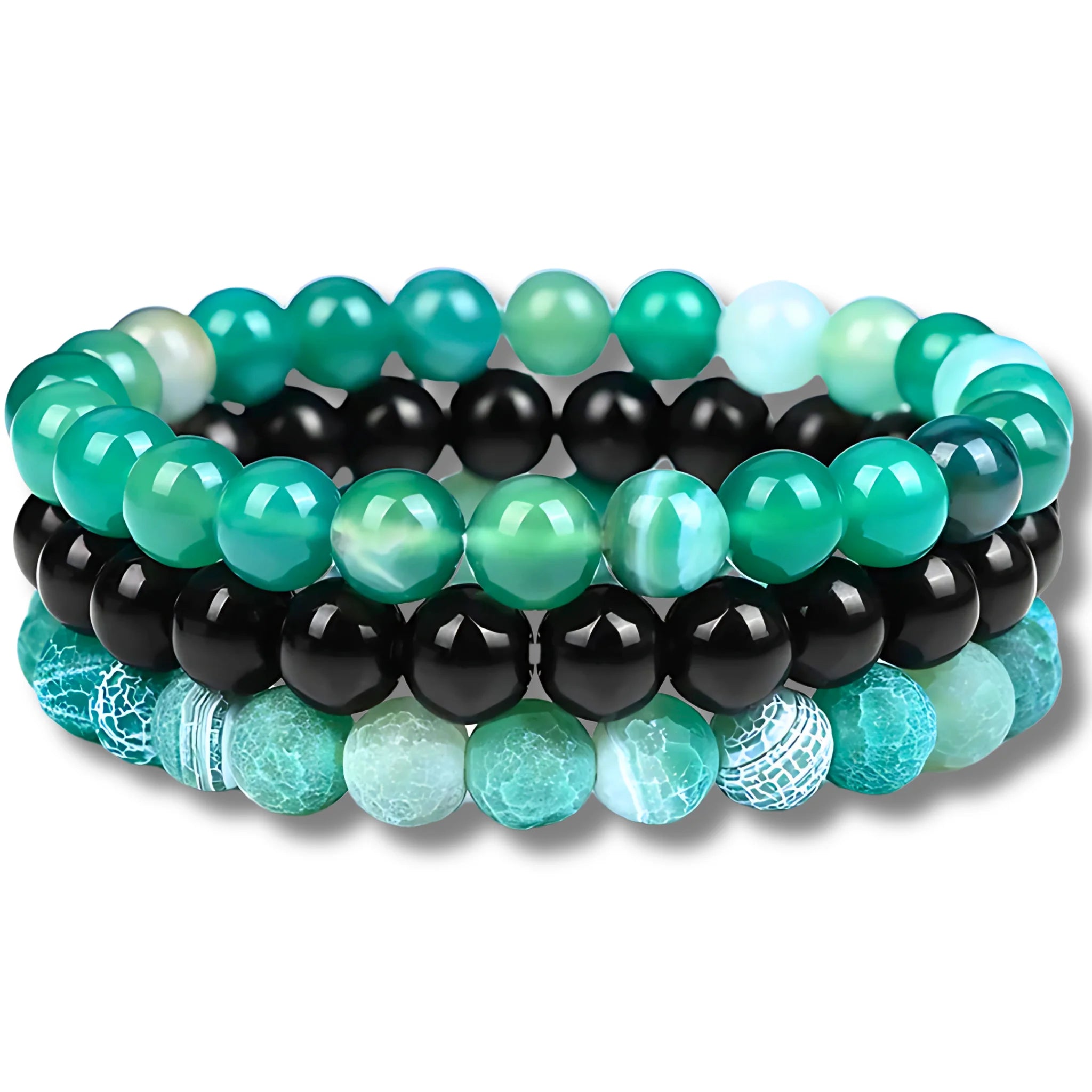 Harmony intention bracelet stack with green agate, black onyx, and green weathered agate beads for growth and balance.