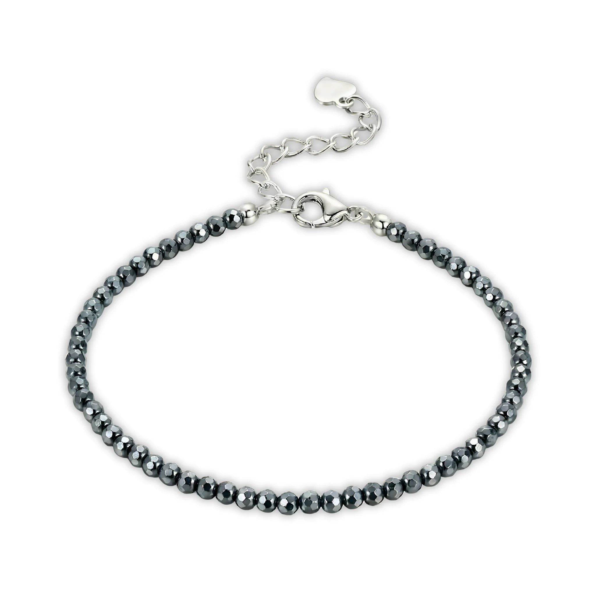 Essential silver bracelet crafted with hematite gemstone beads for a sleek, metallic finish.