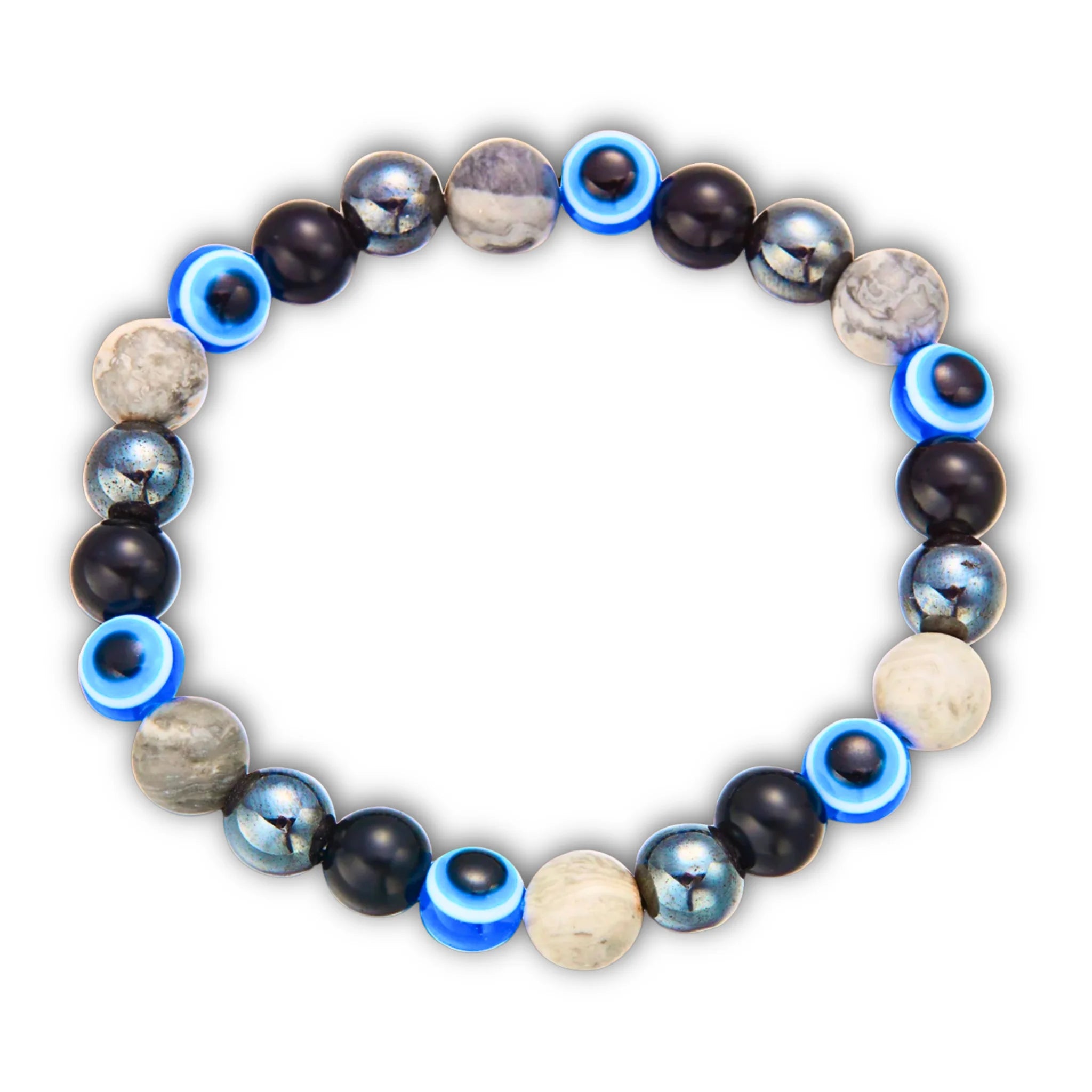 Money empowerment bracelet featuring grey, black, and blue beads on white background.