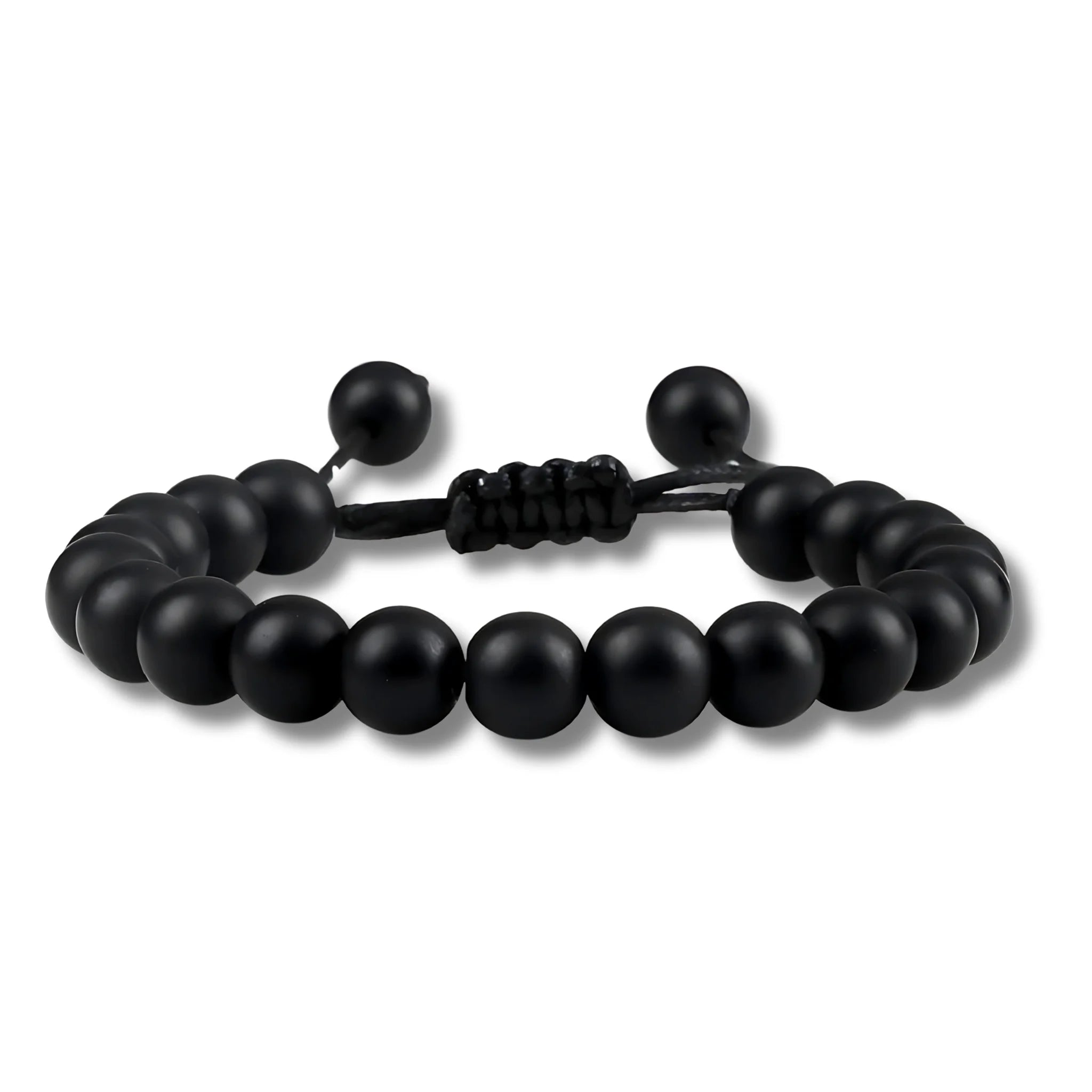 Adjustable balance bracelet made with black onyx beads and braided cord for a clean, modern look.