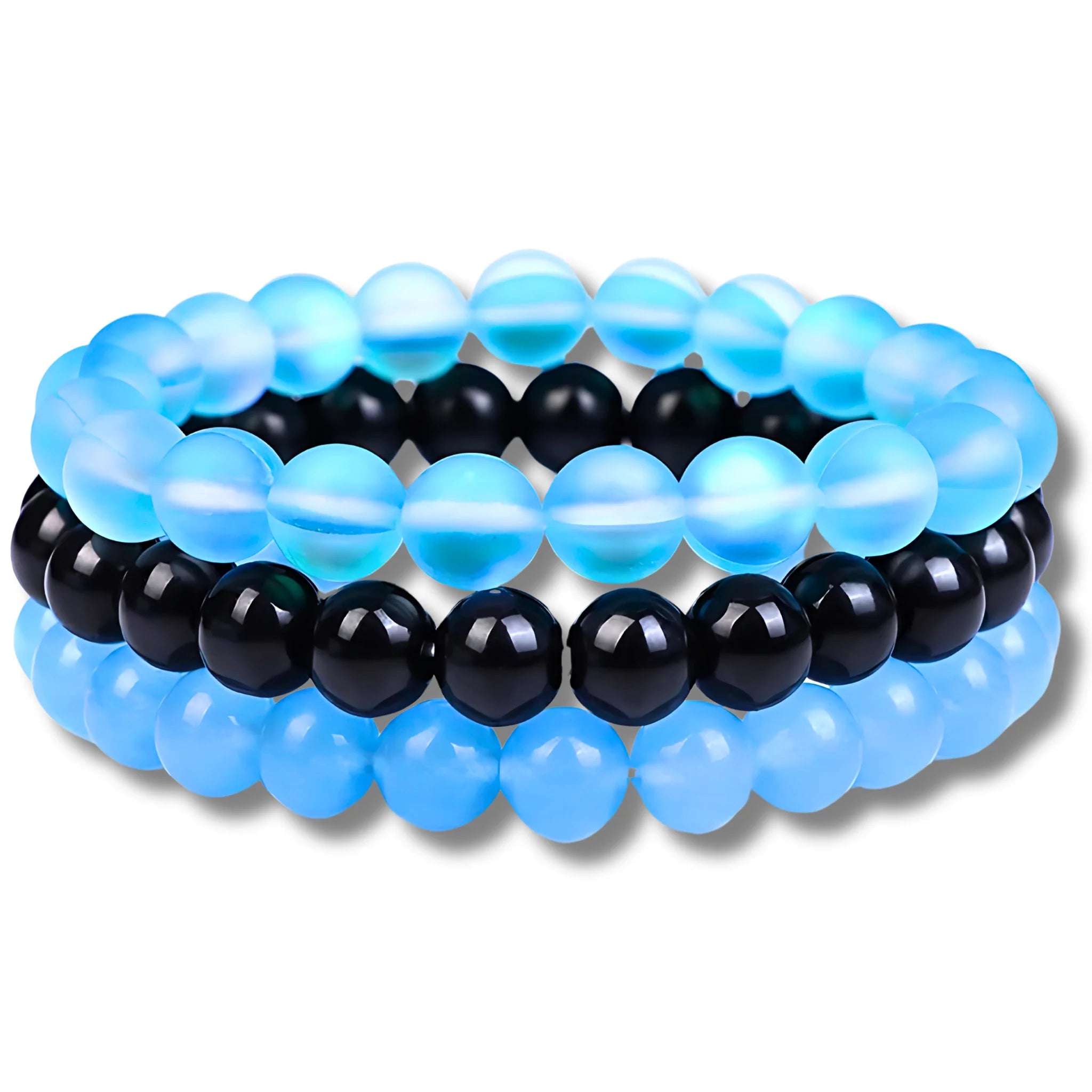 Calming intention bracelet stack featuring blue moonstone, black onyx, and blue chalcedony beads for serenity and balance.