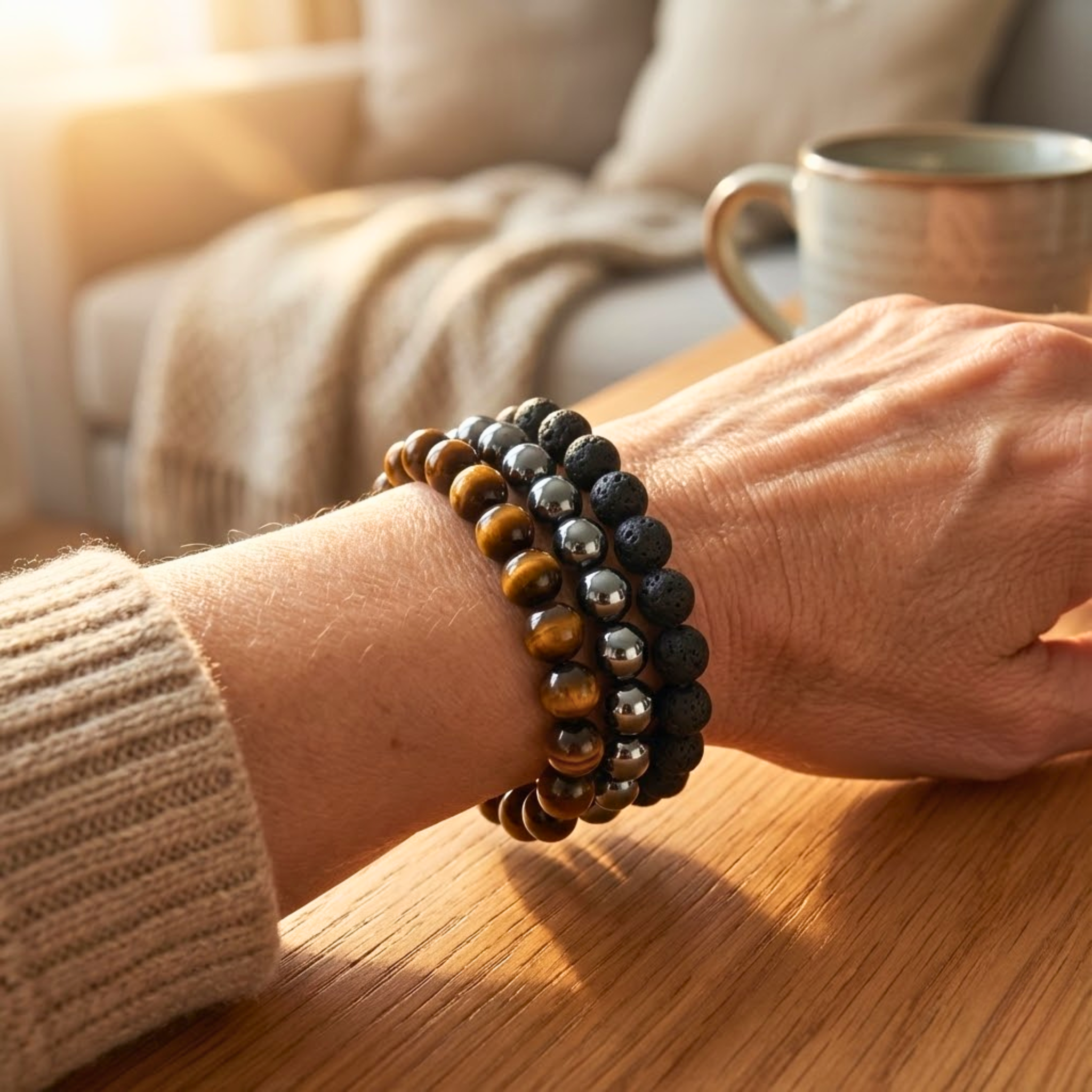 Person wearing multiple beaded Protection intention bracelet stack featuring tiger eye, hematite, and lava stone beads for courage, focus, and grounding bracelets on a wooden surface with a blurred background
