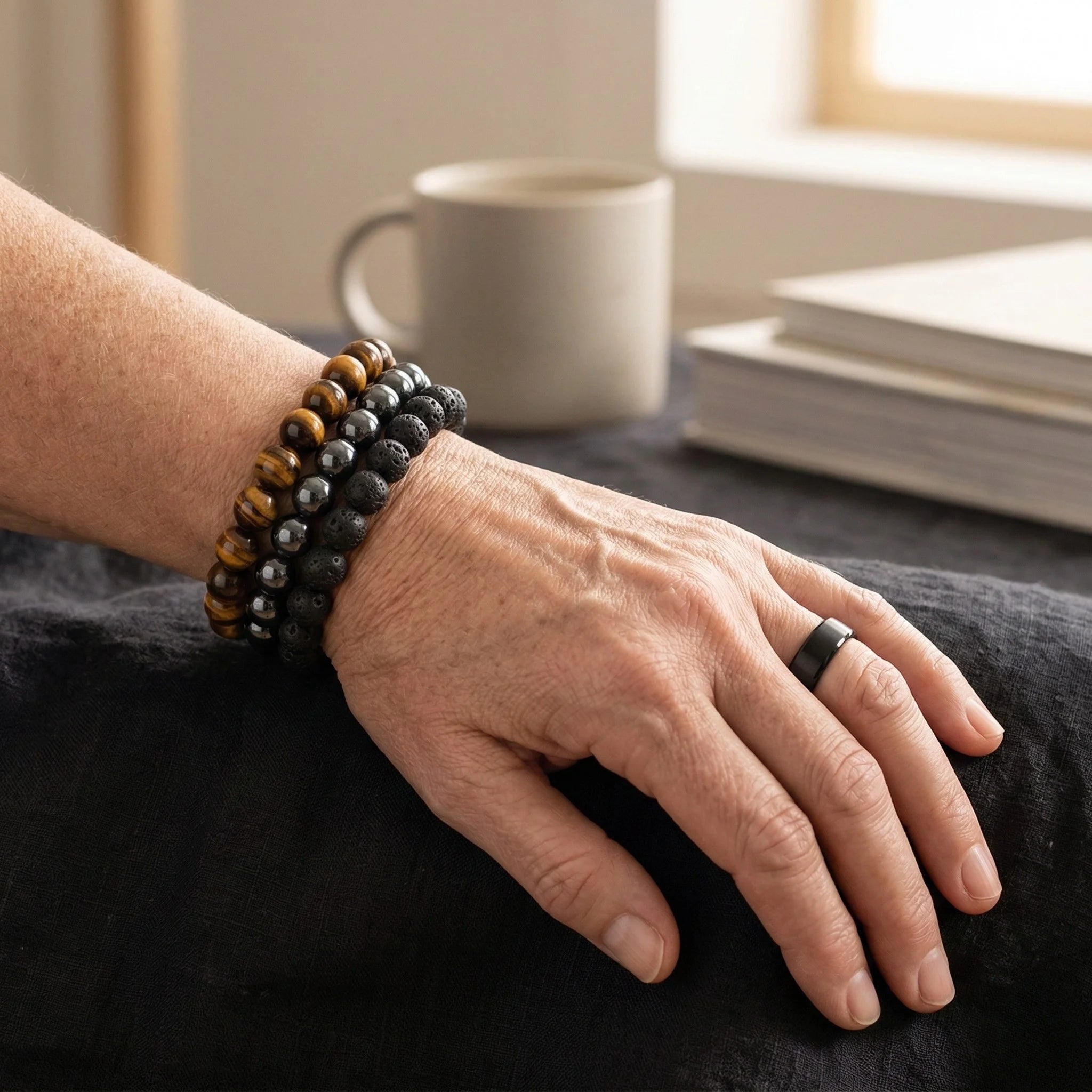 Hand wearing a beaded bracelet and ring on a surface with a cup and books in the background