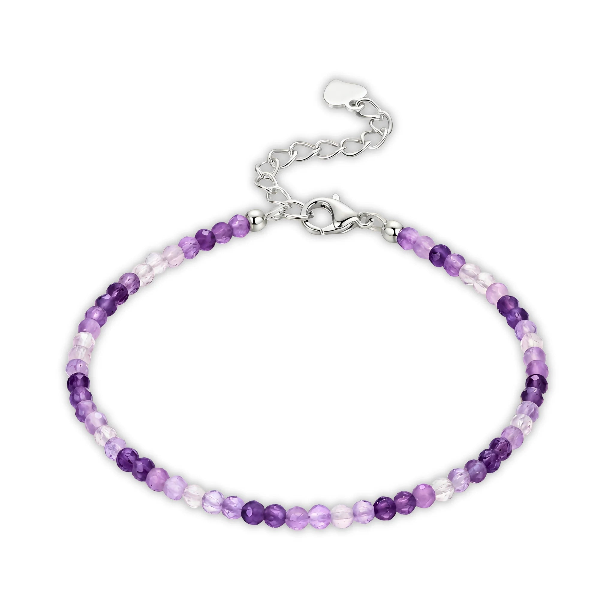 Essential silver bracelet made with purple quartz beads showing soft purple tones.