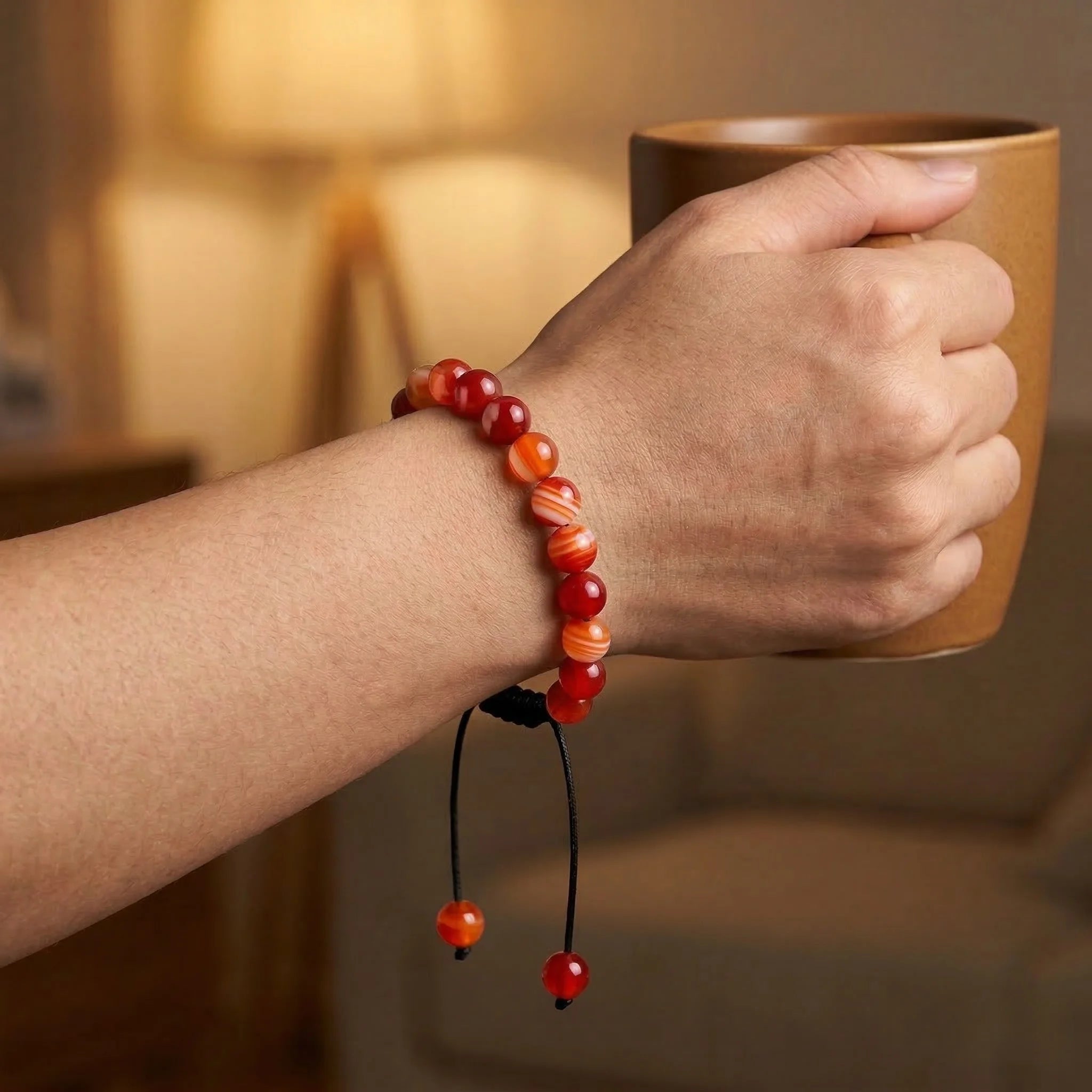 Hand holding a mug with a colorful beaded bracelet on a blurred background