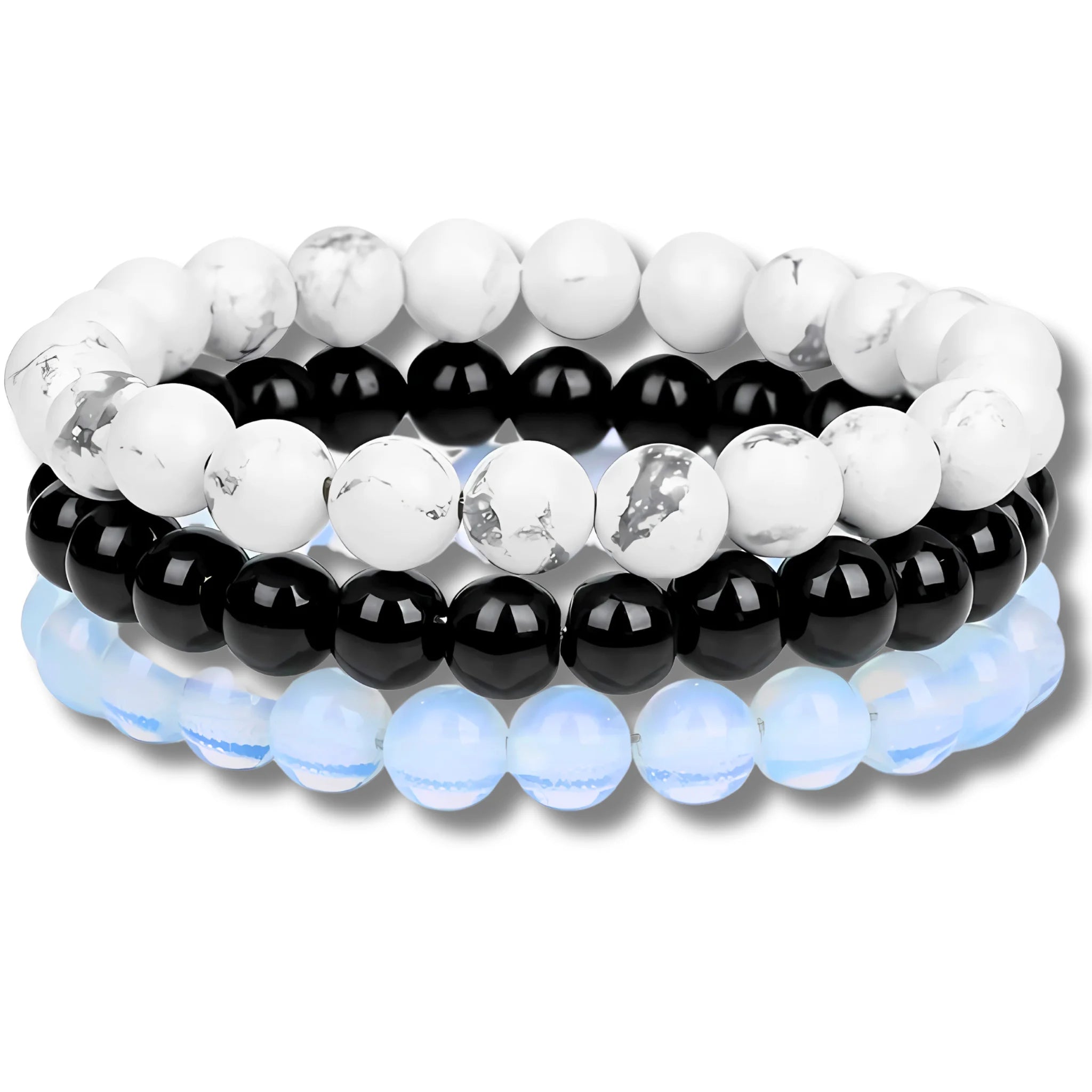 Serenity intention bracelet stack with white howlite, black onyx, and opal beads for calm energy and clarity.