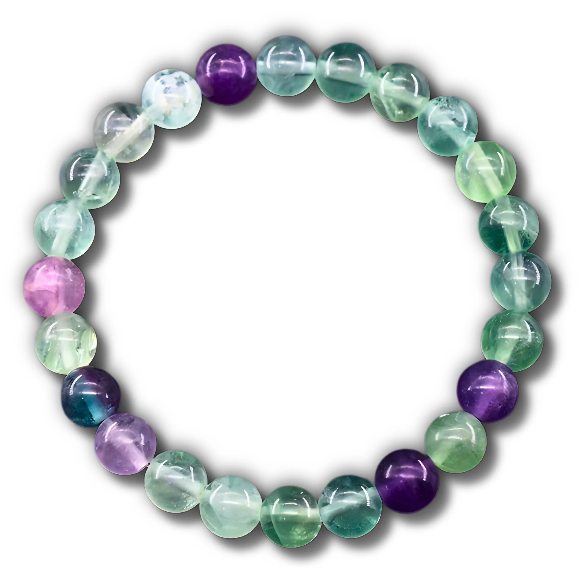 Gemstone4K fluorite healing bracelet on white background.