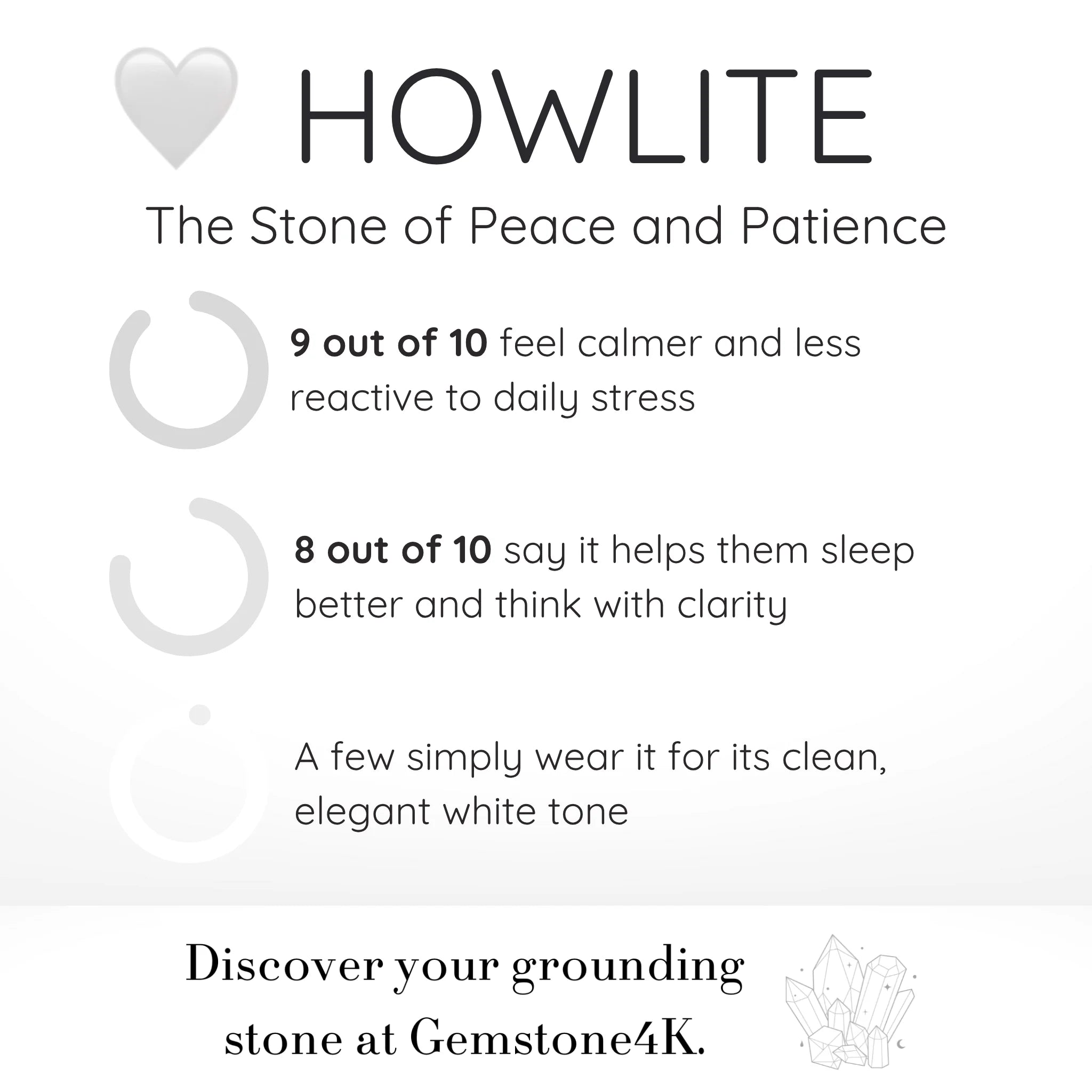 Gemstone4K howlite bracelet infographic showing peace and patience benefits.