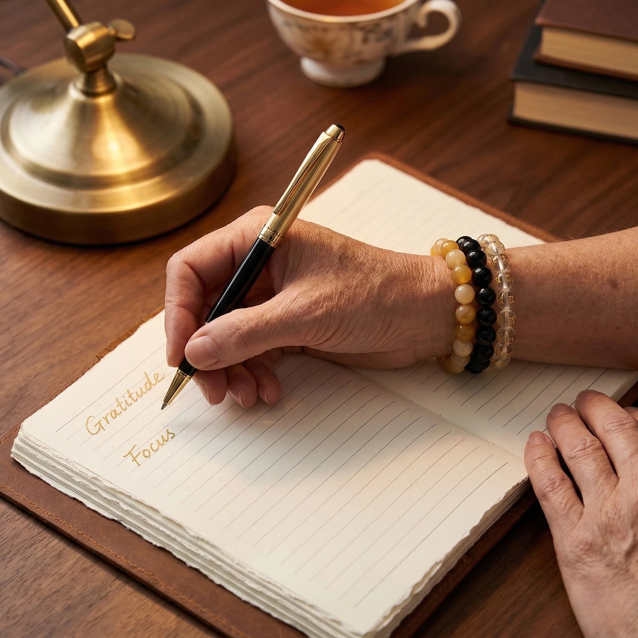 Person writing in a notebook with a pen on a wooden desk, surrounded by books and a lamp.