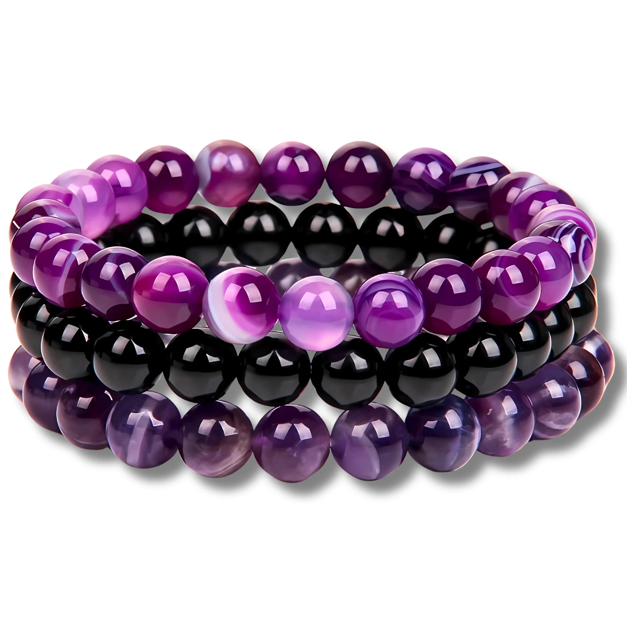 Amethyst intention bracelet stack with purple agate, black onyx, and amethyst beads for spiritual balance and harmony.