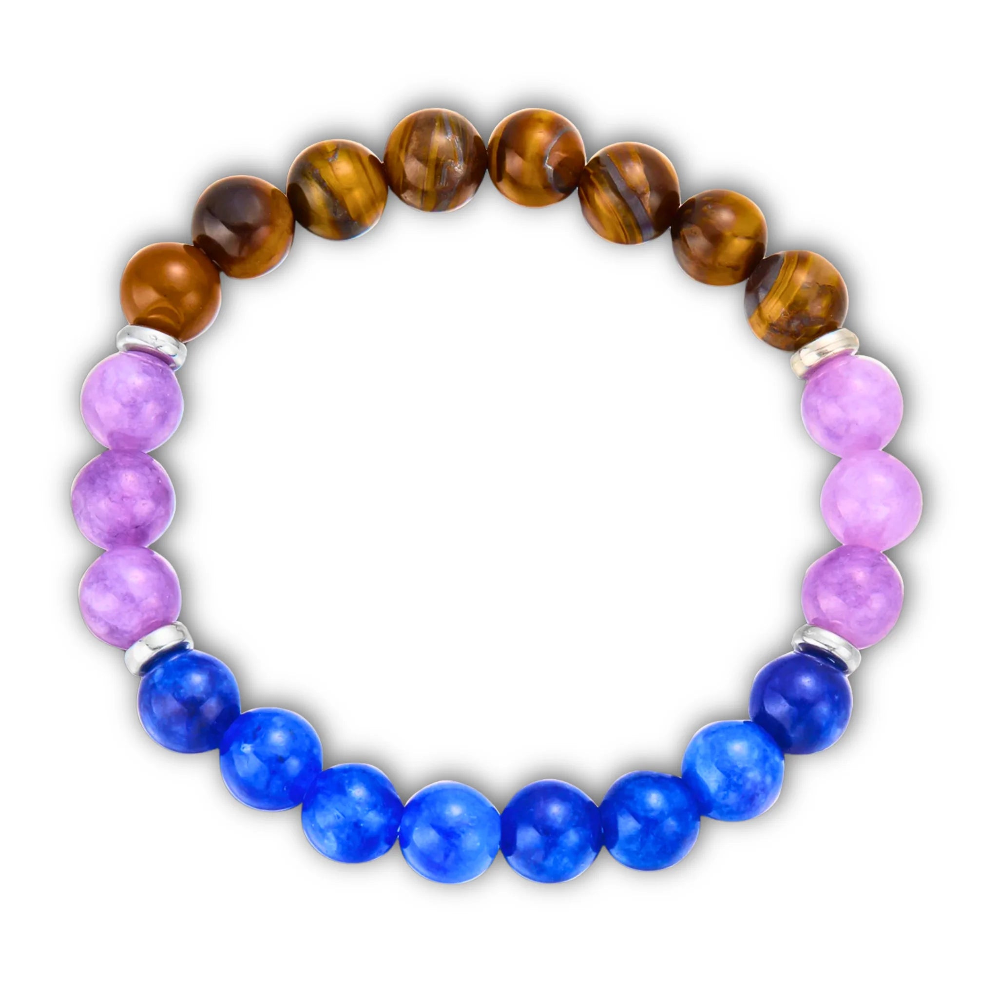 Anxiety Relief empowerment bracelet with purple and blue gemstones on white background.