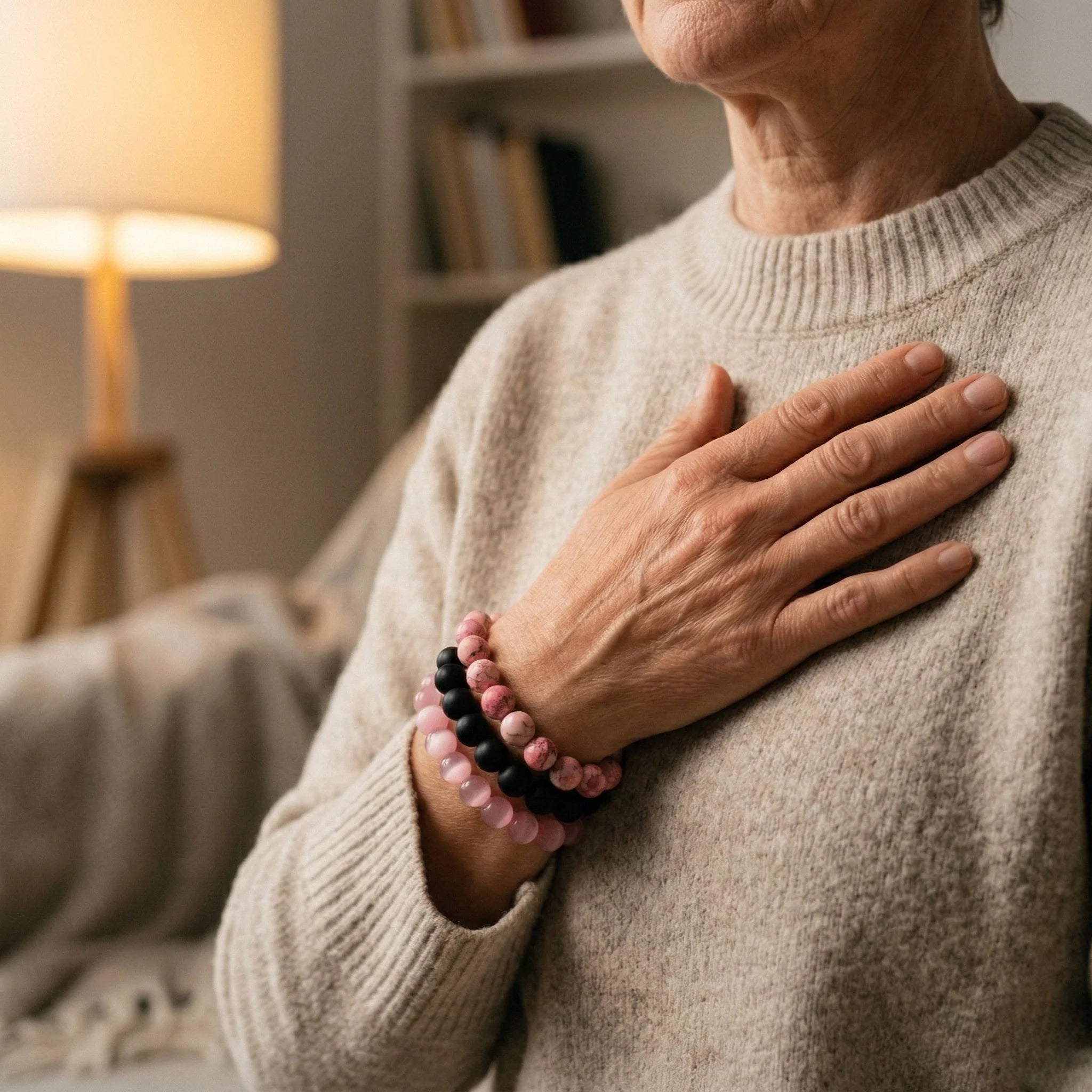 Person wearing a beige sweater with a pink and black beaded bracelet, sitting in a cozy room.