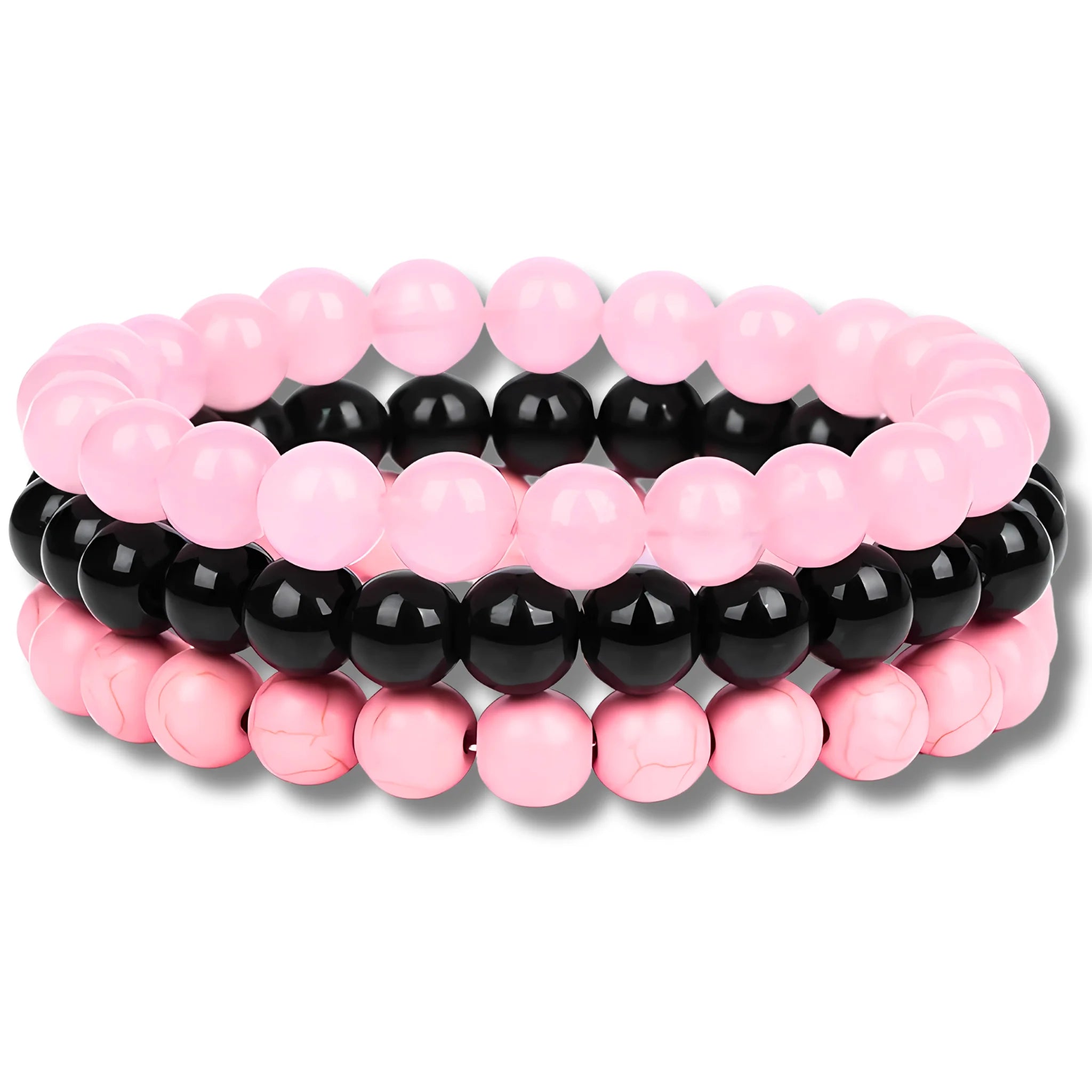 Benevolence intention bracelet stack with rose pink quartz, black onyx, and pink imitation turquoise beads for love and kindness
