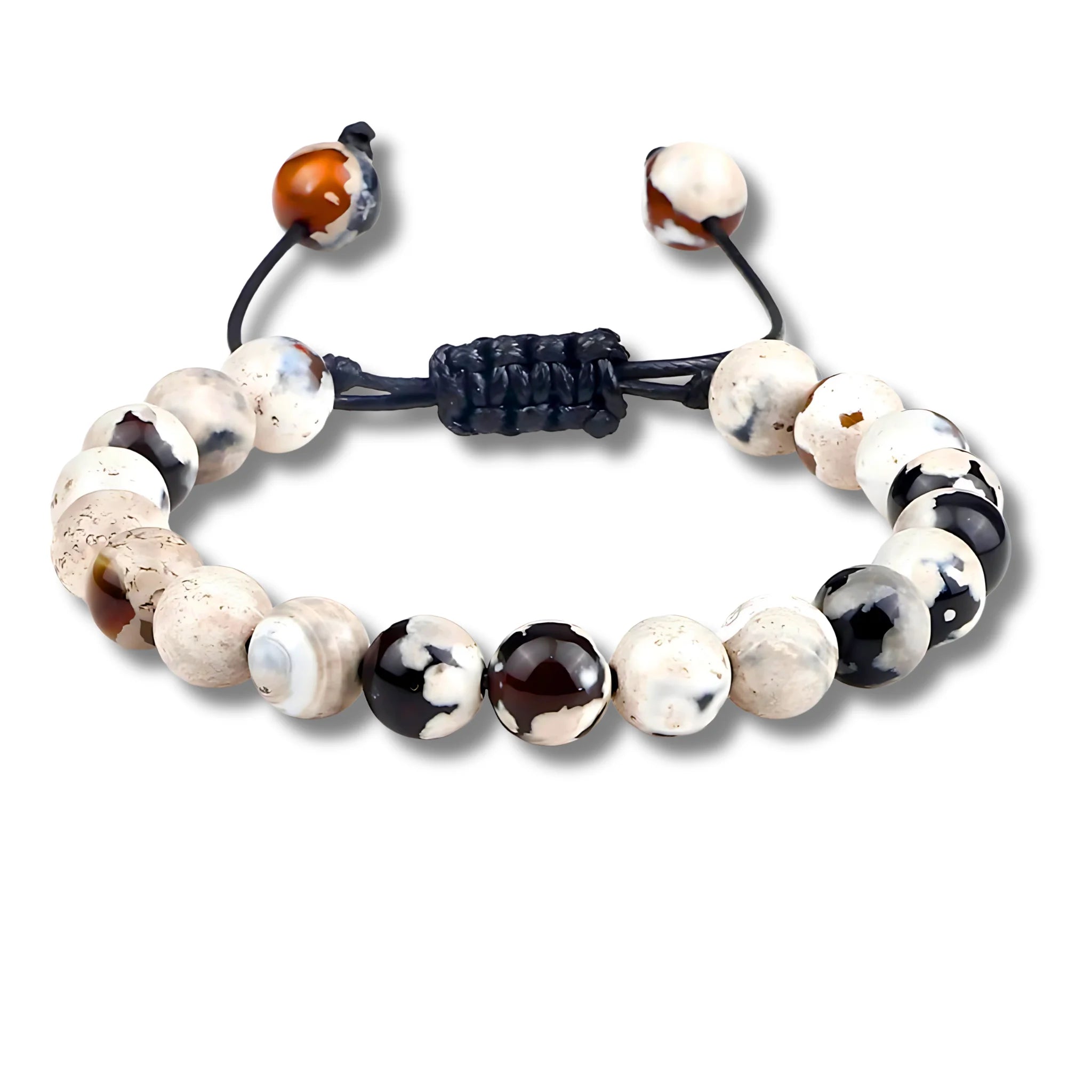 Adjustable balance bracelet featuring Dalmatian stone beads and braided cord with natural speckled detail.