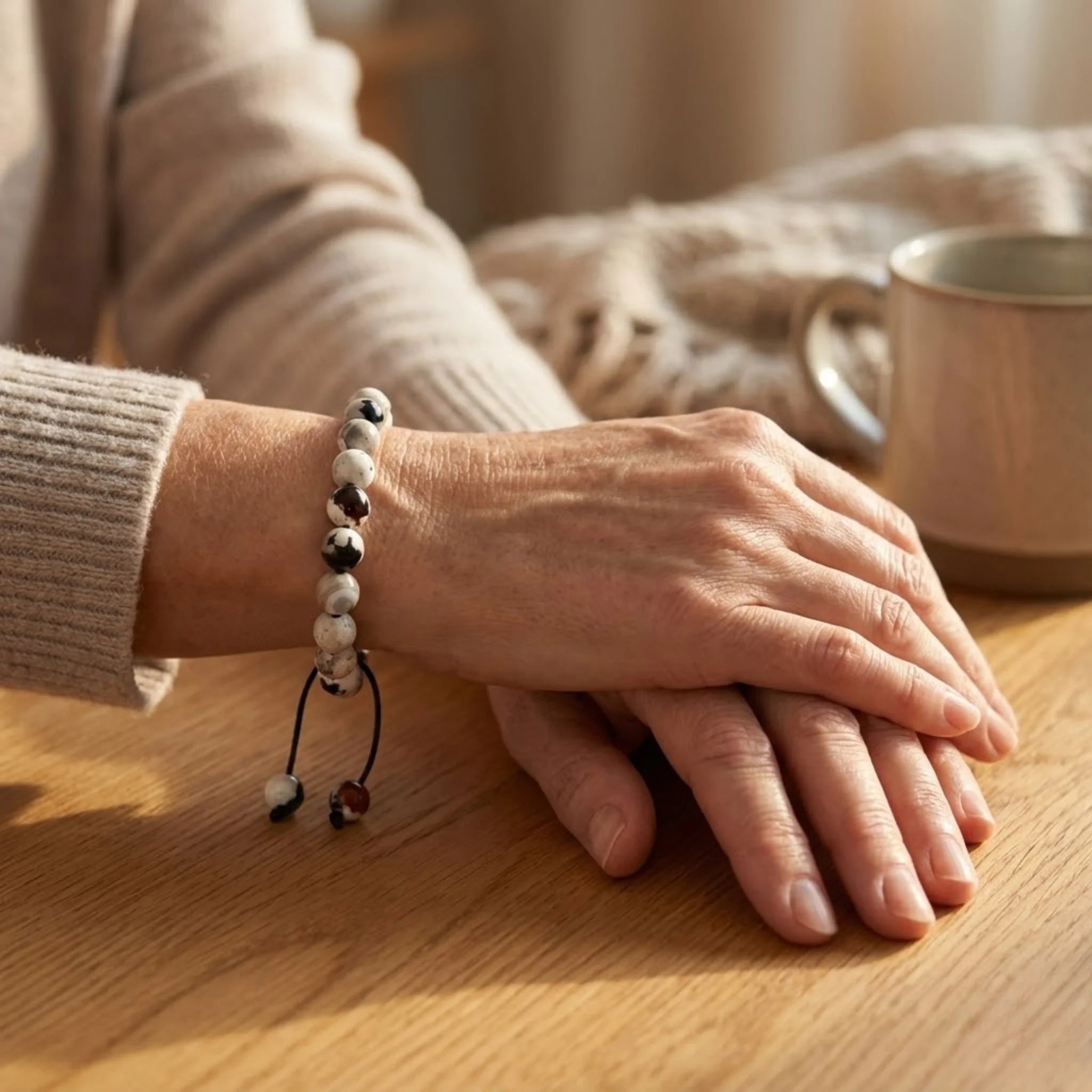 Person wearing a beaded Adjustable balance bracelet featuring Dalmatian stone beads and braided cord with natural speckled detail bracelet with hands resting on a wooden surface, next to a cup.