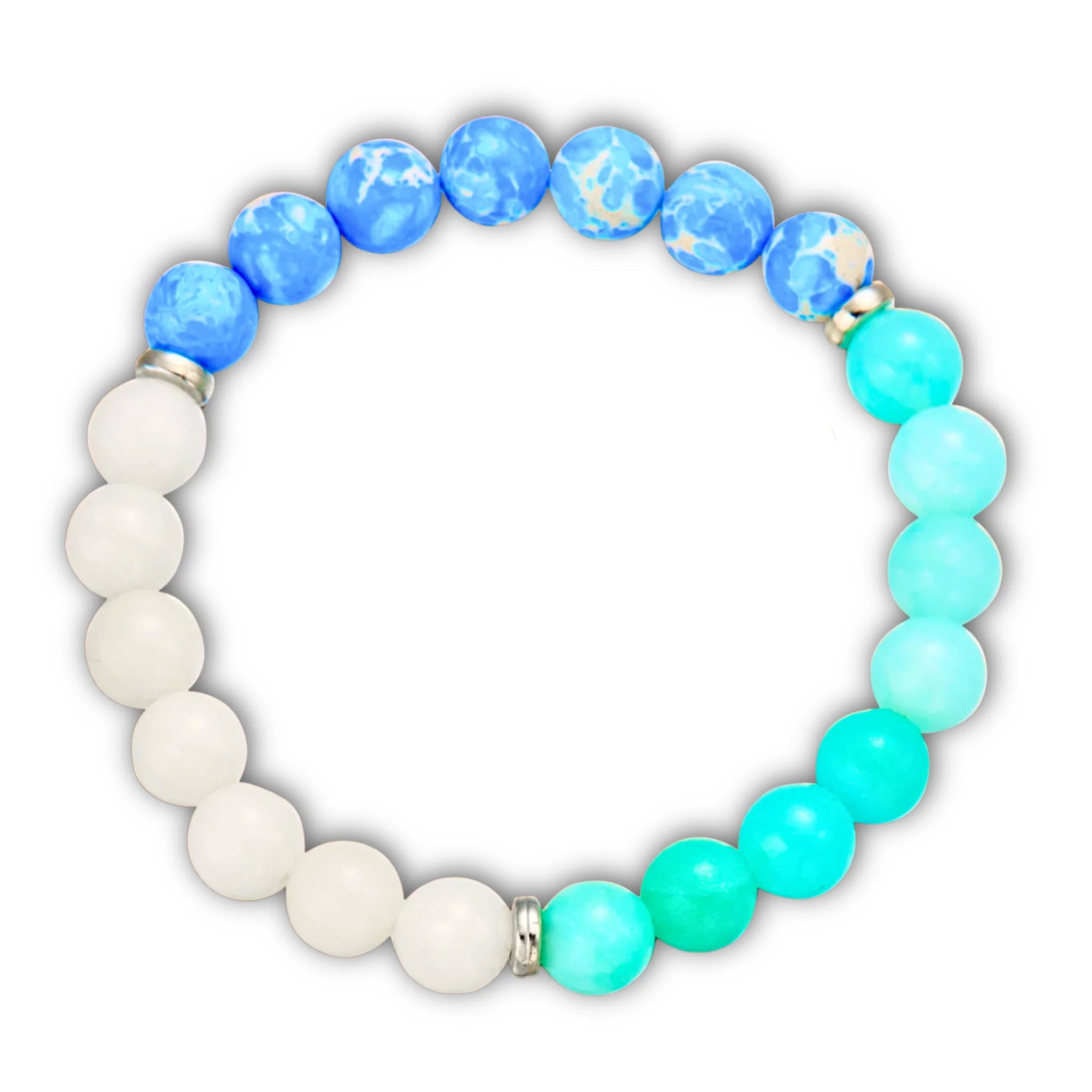 Friendship empowerment bracelet with blue and white gemstones on white background.