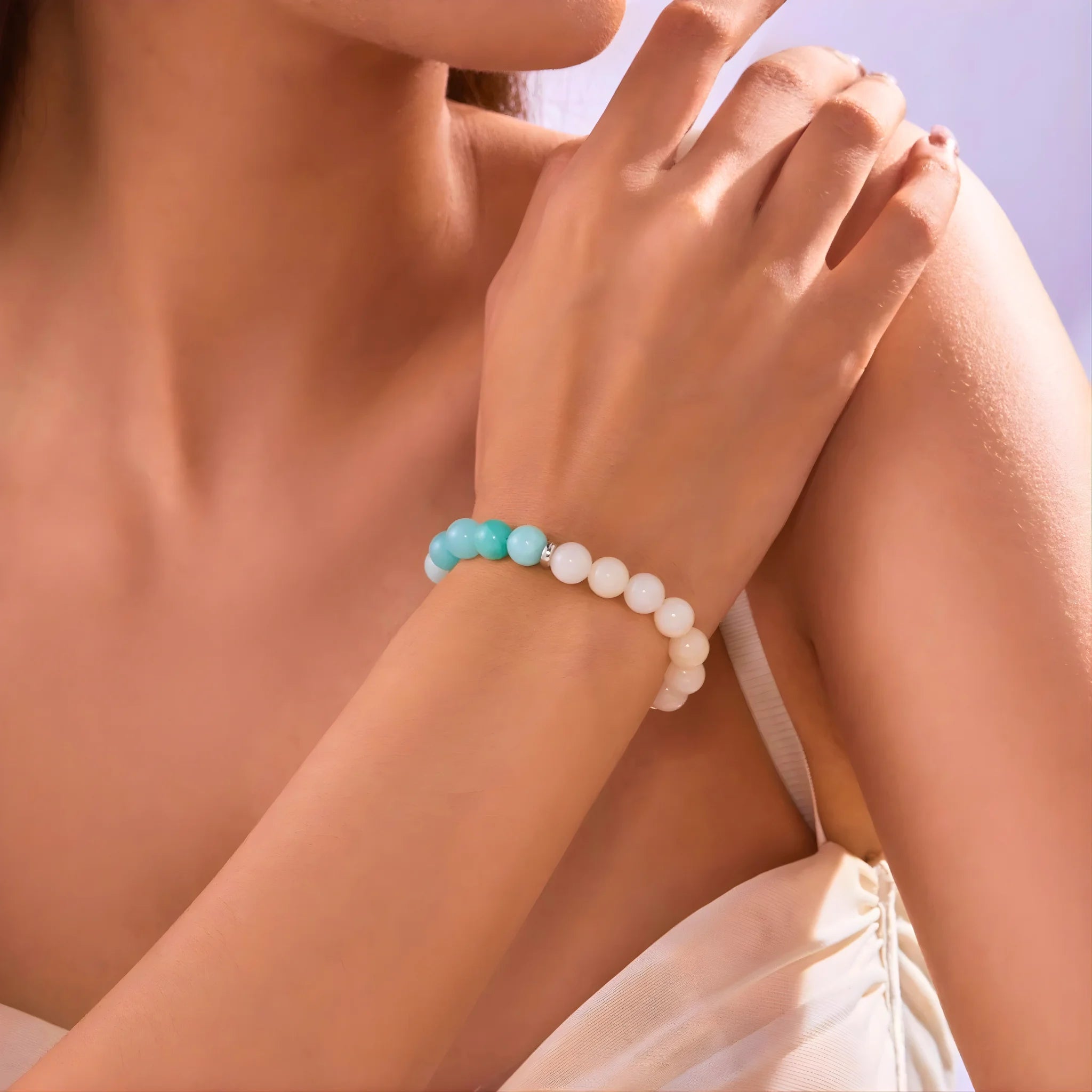 Model wearing the Friendship empowerment bracelet on wrist.