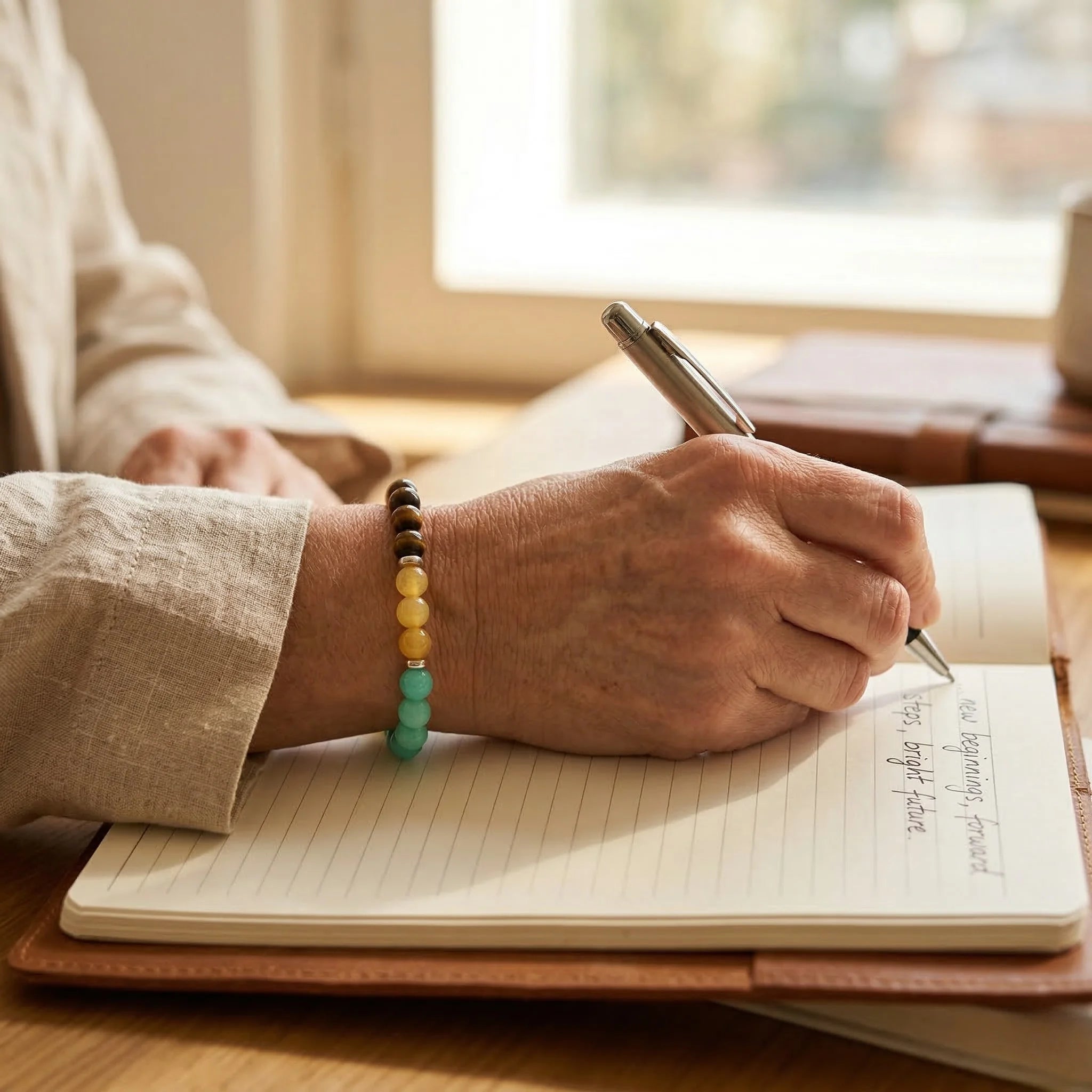 Person writing in a notebook with a pen, wearing a colorful bracelet.