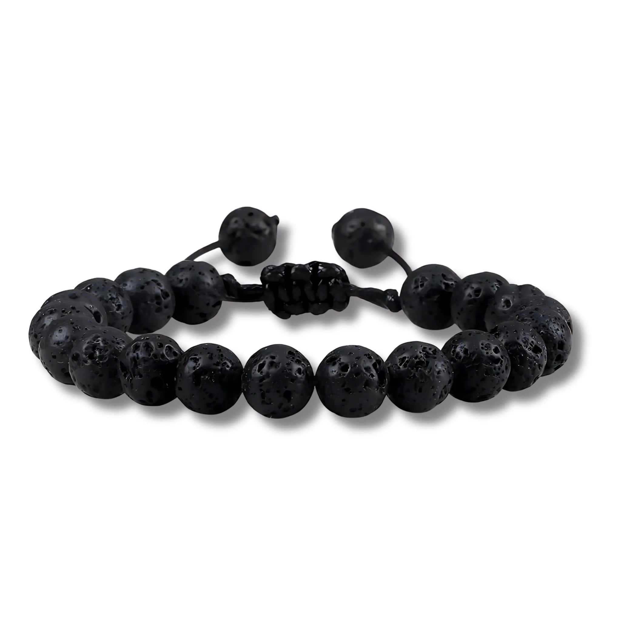 Adjustable balance bracelet made with black lava stone beads on a braided cord for a minimalist, grounded style.