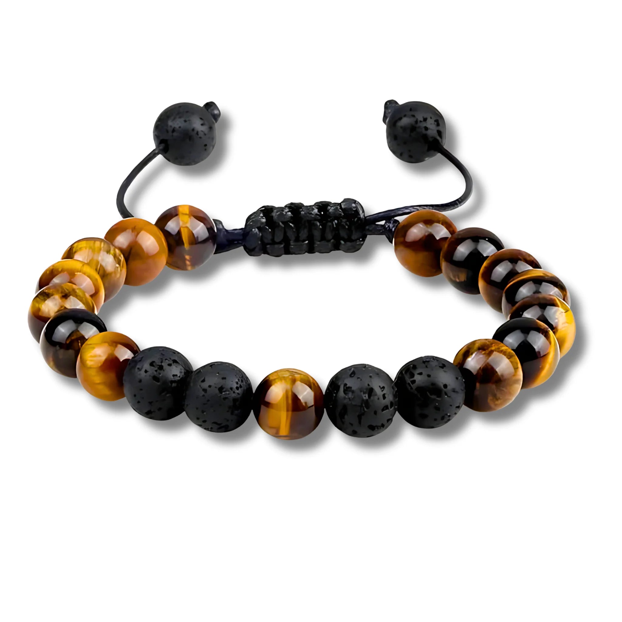 Adjustable balance bracelet with lava stone and tiger’s eye beads for strength and protection.