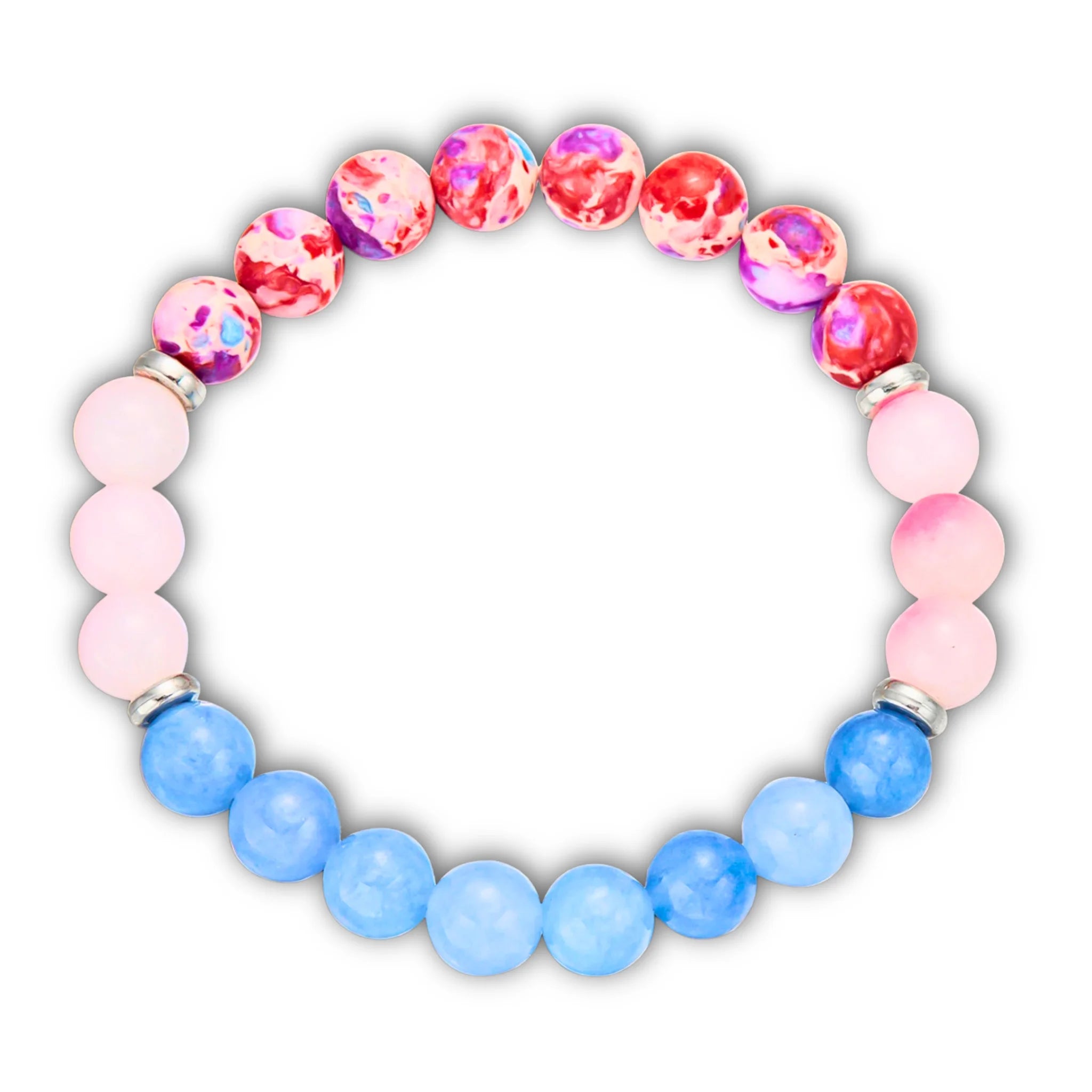 Love empowerment bracelet with pink and blue gemstones on white background.