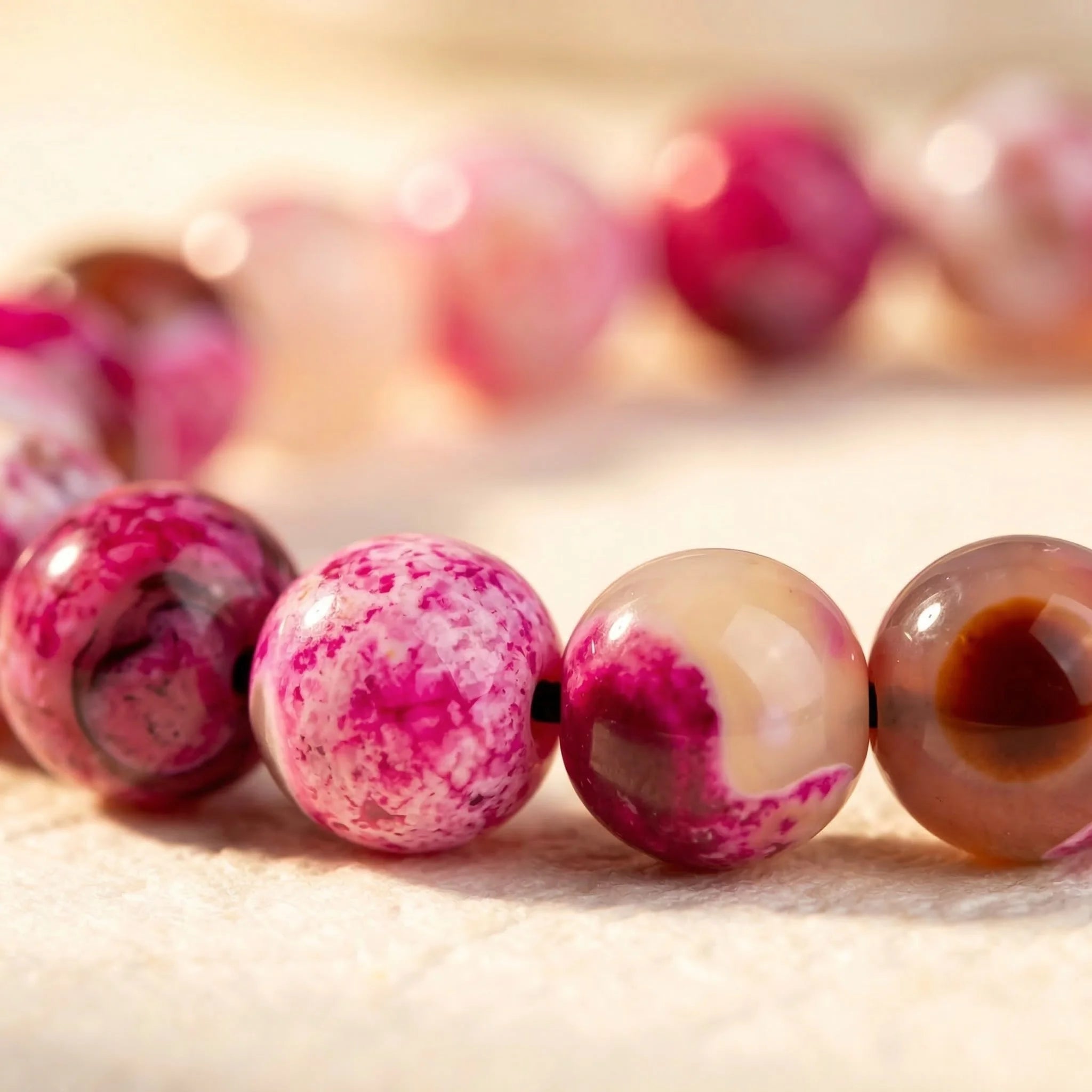 Close-up of marbled pink and brown beads on a light background