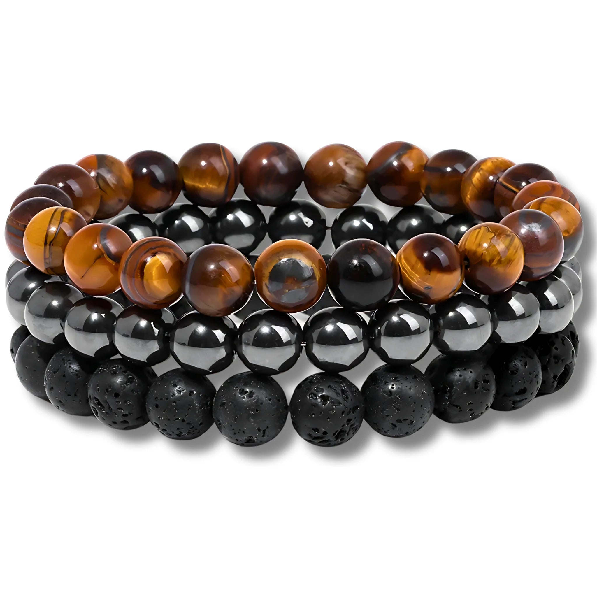 Protection intention bracelet stack featuring tiger eye, hematite, and lava stone beads for courage, focus, and grounding.
