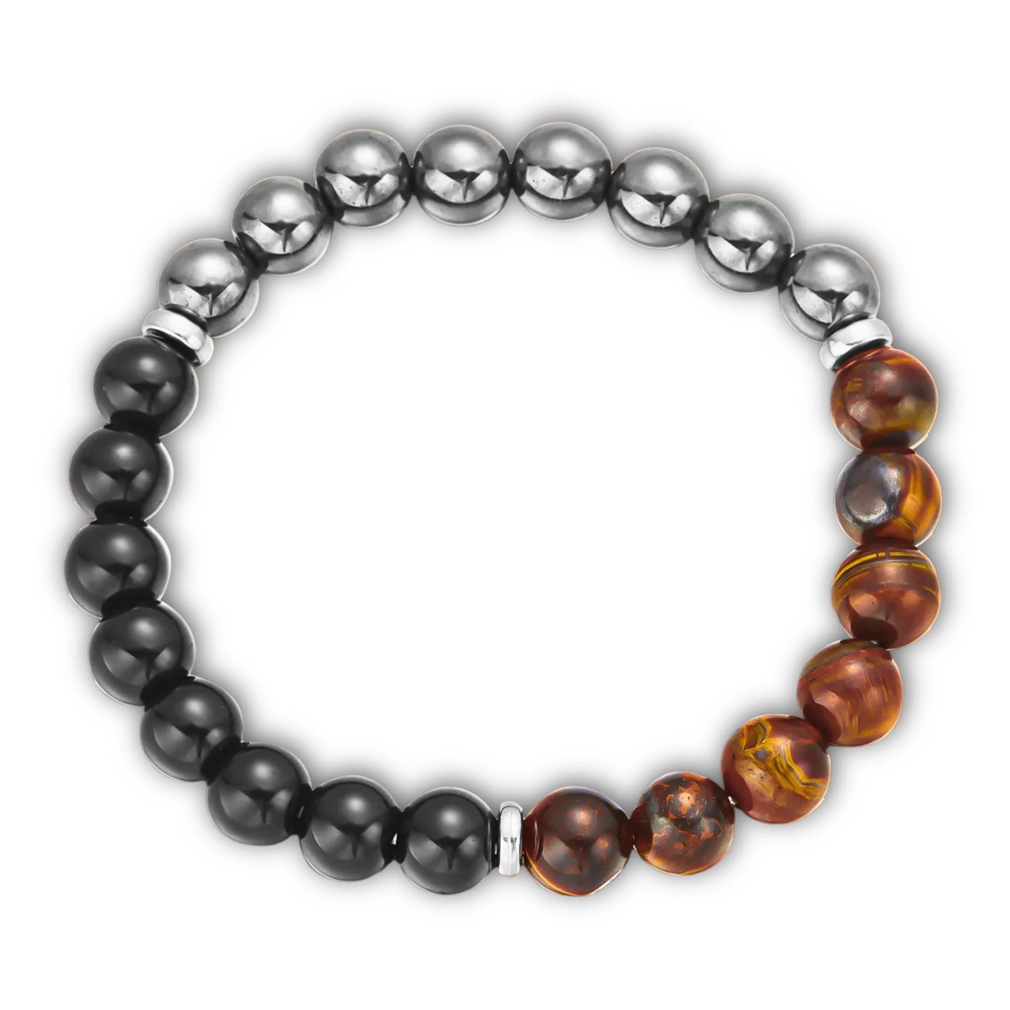 Protection empowerment bracelet with dark gemstone beads on white background.