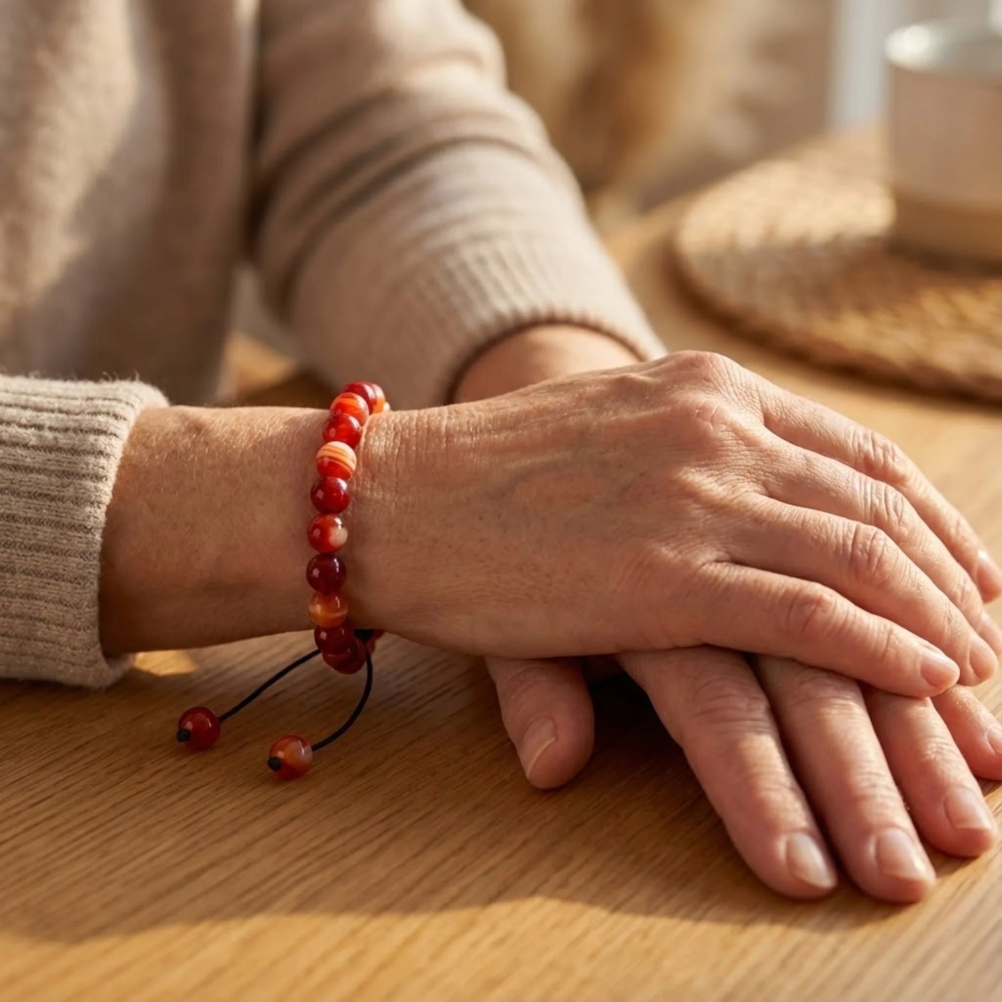 Close-up of a person's hands with a red beaded Adjustable balance bracelet crafted with red jasper beads and braided cord for grounding and stability bracelet on a wooden surface.