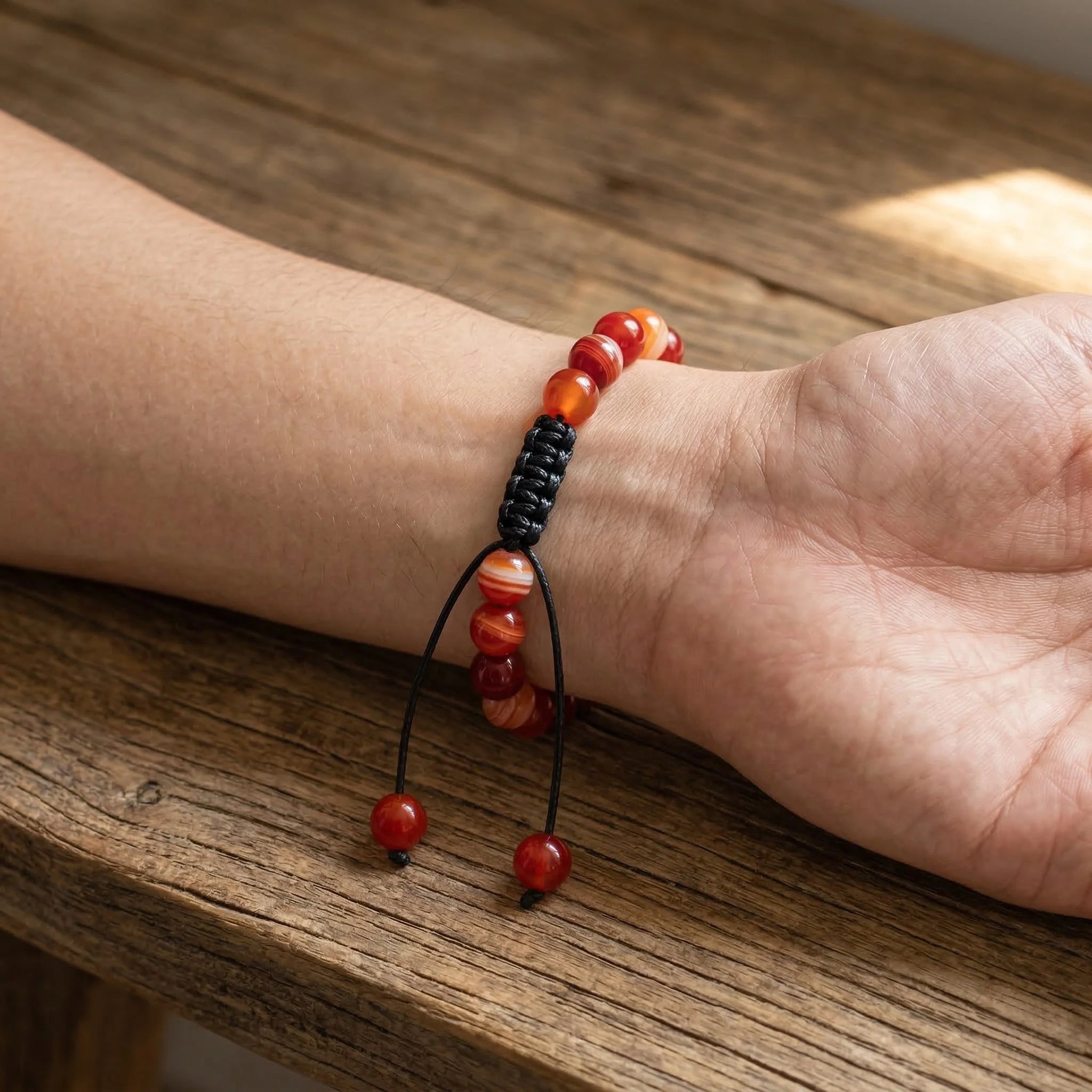 Bracelet with red and black beads on a wrist against a wooden background