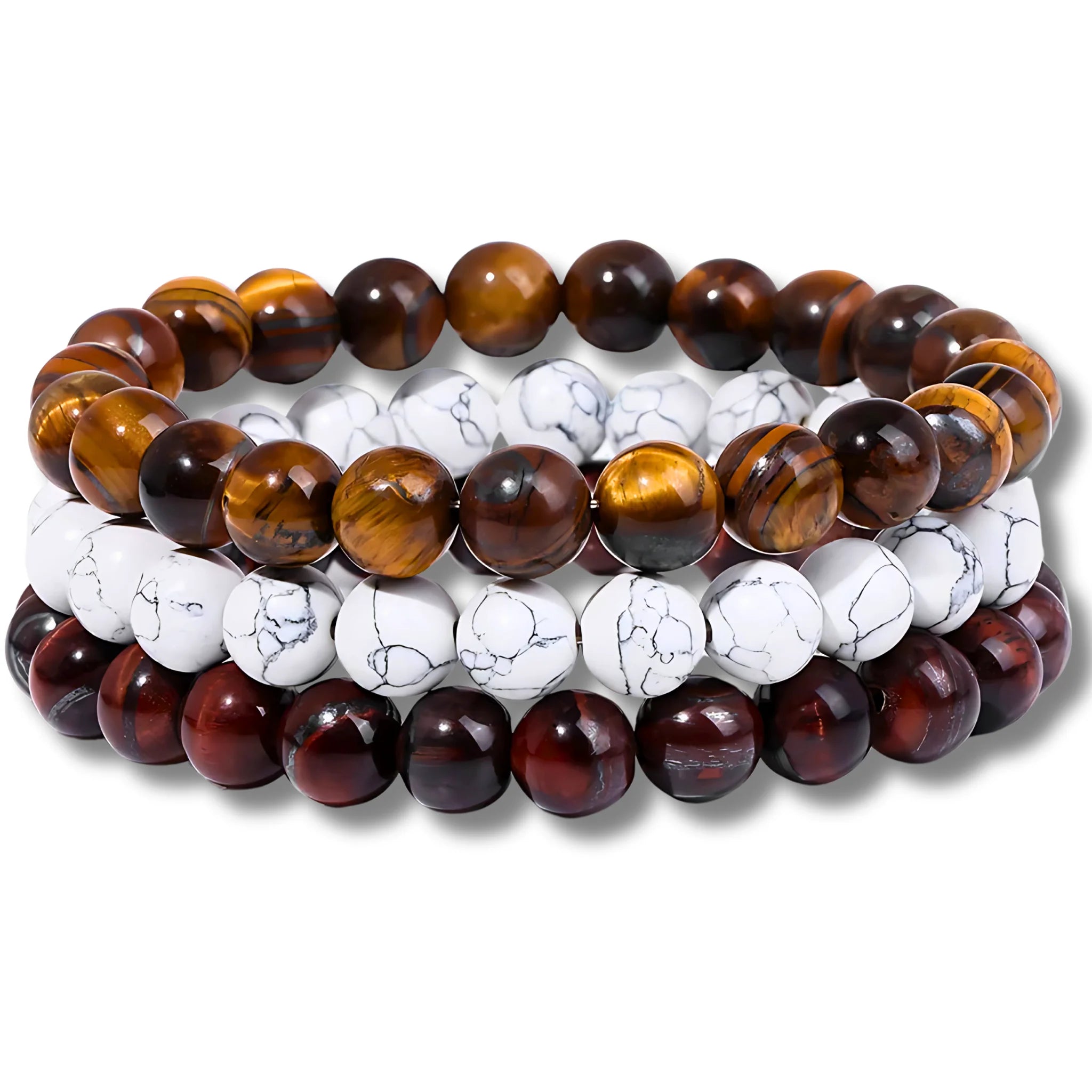 Resilience intention bracelet stack featuring tiger eye and imitation howlite beads symbolizing bravery and emotional resilience.