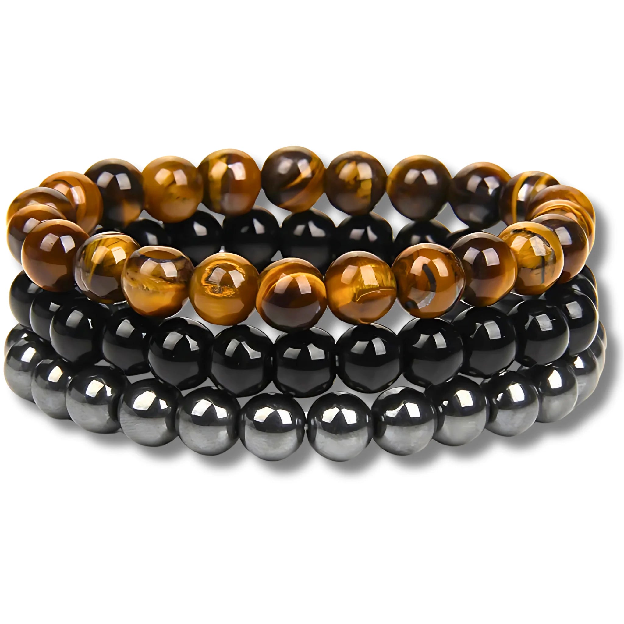 Strength intention bracelet stack featuring tiger eye, black onyx, and hematite beads symbolizing confidence and stability.