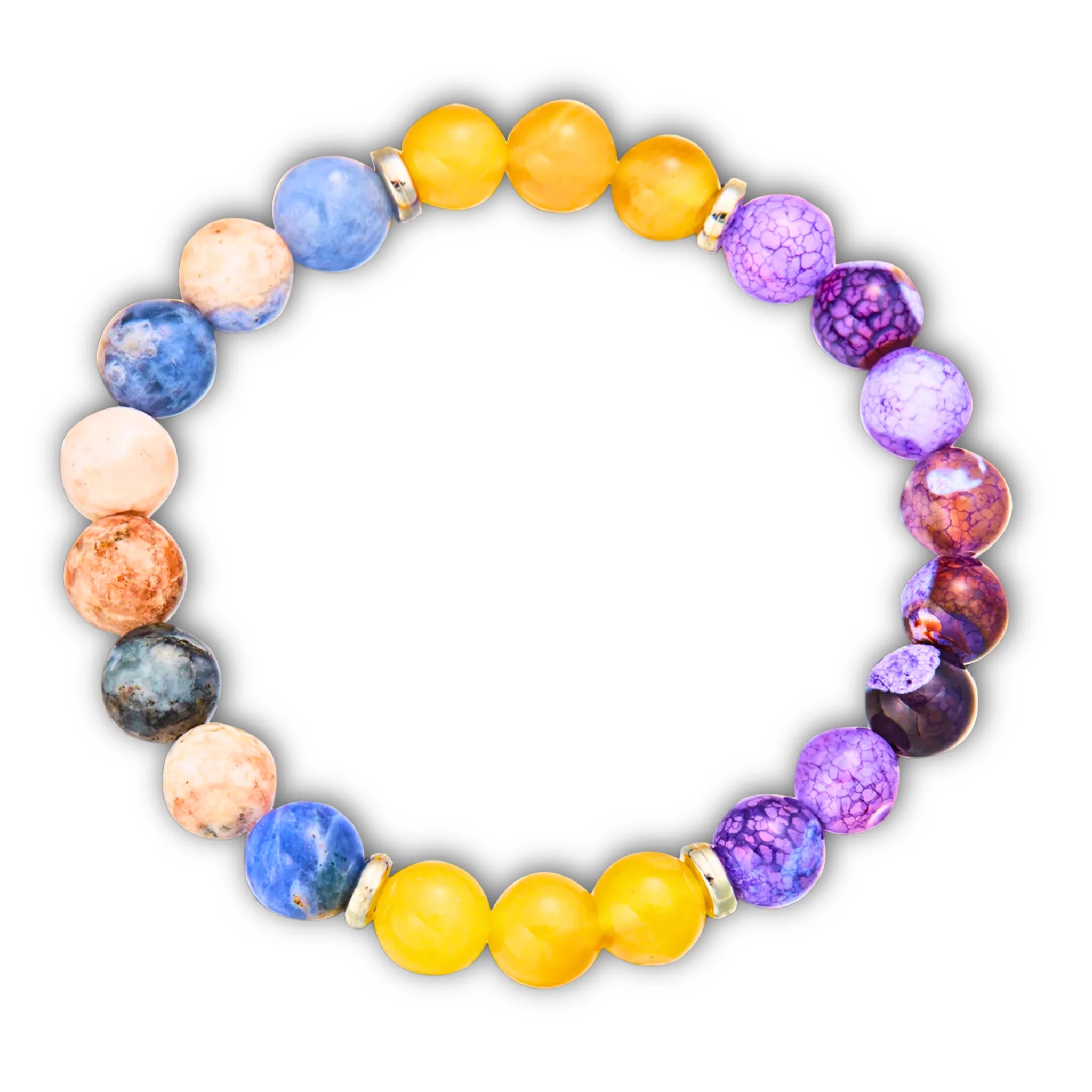 Success empowerment bracelet with multicolor gemstone mix on white background.