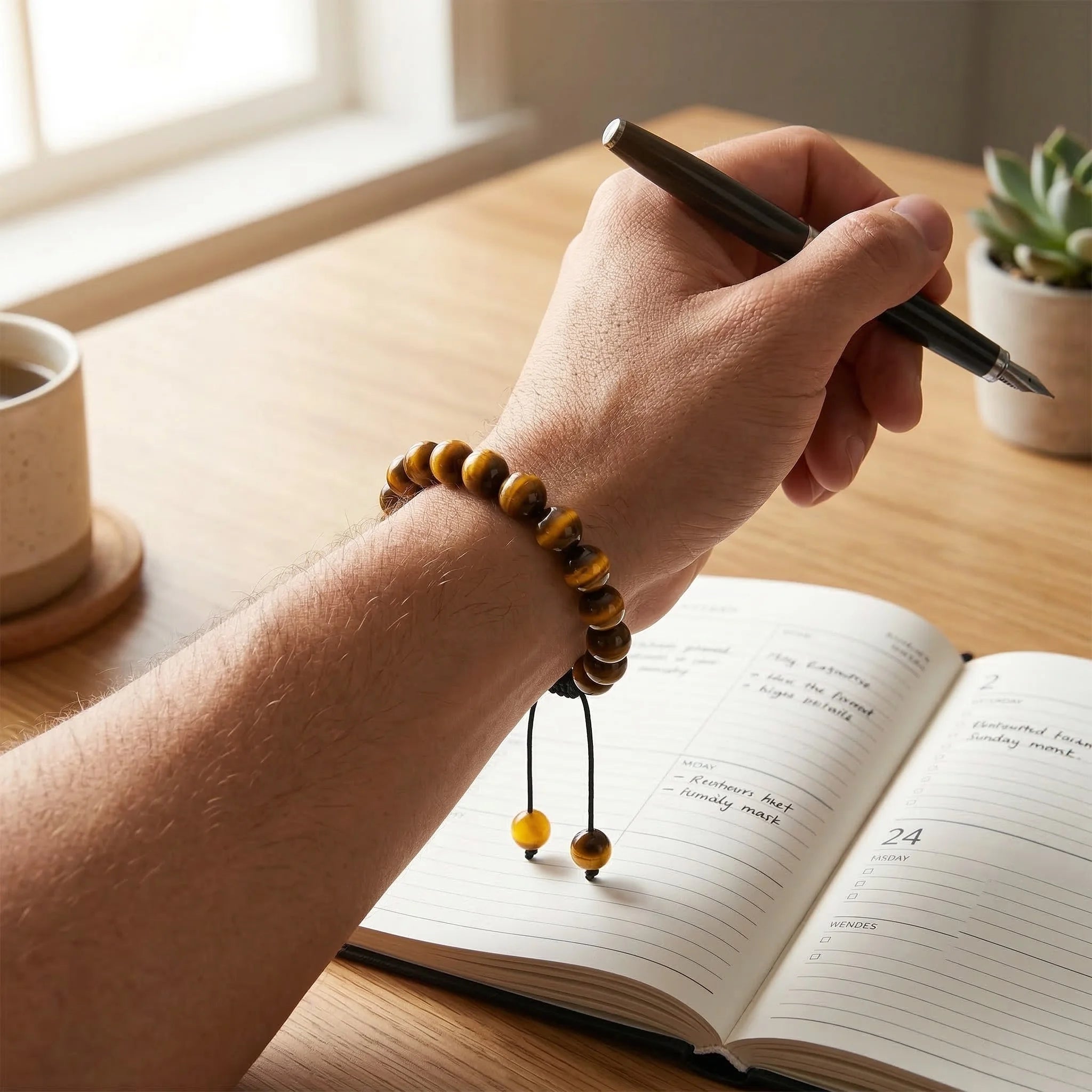 Hand holding a pen with a beaded bracelet, open notebook on a wooden desk.