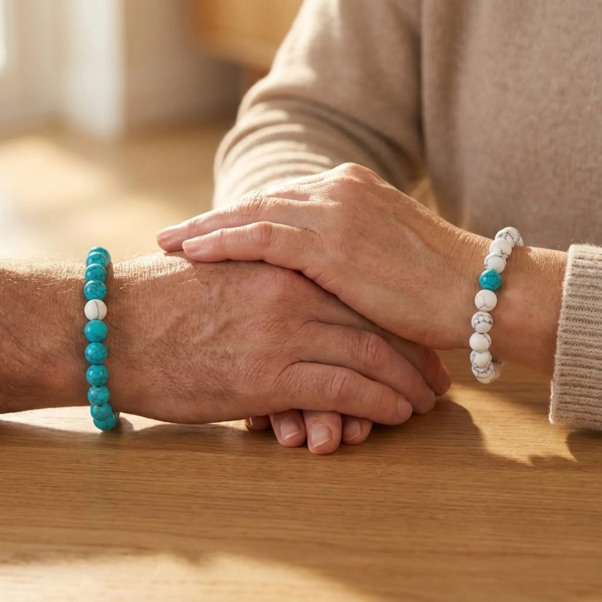 Two pairs of hands holding each other on a wooden surface, wearing turquoise and white beaded bracelets.