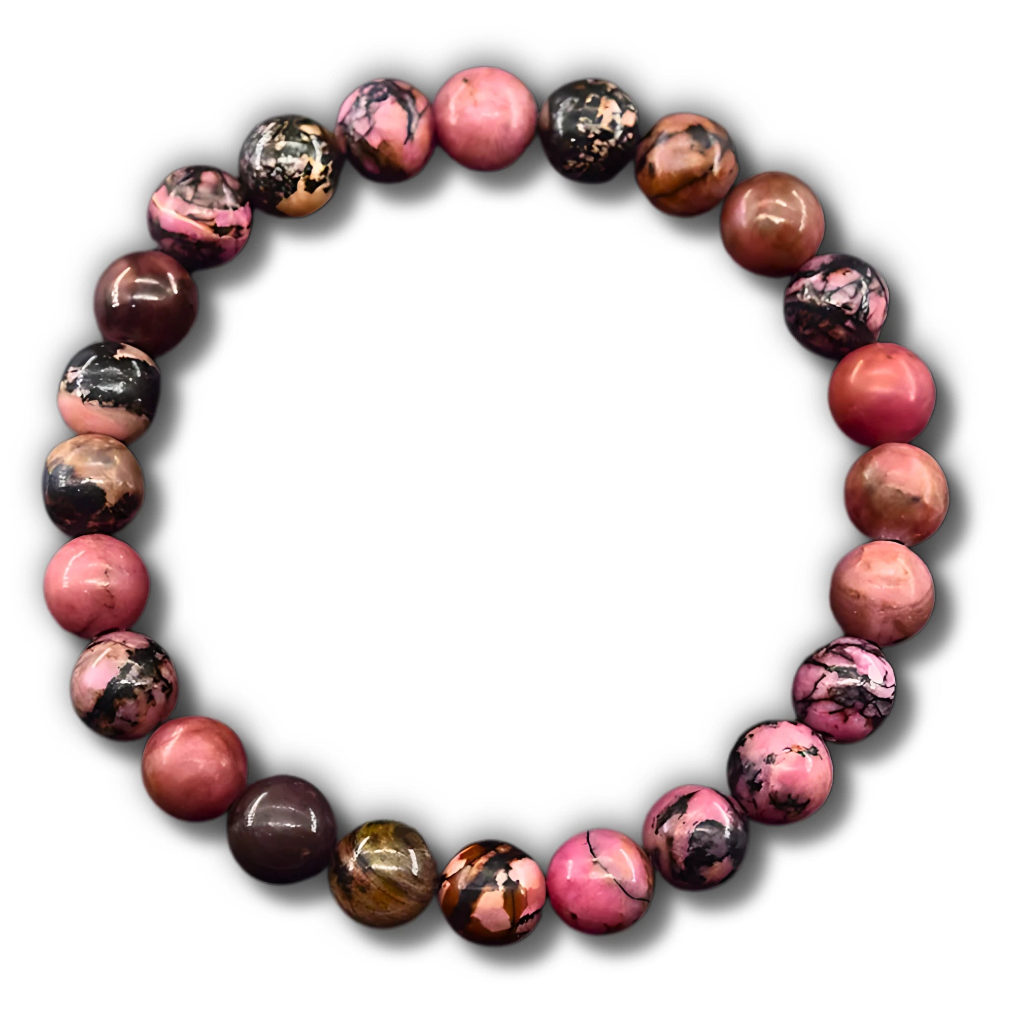 Gemstone4K rhodonite bracelet on white background.
